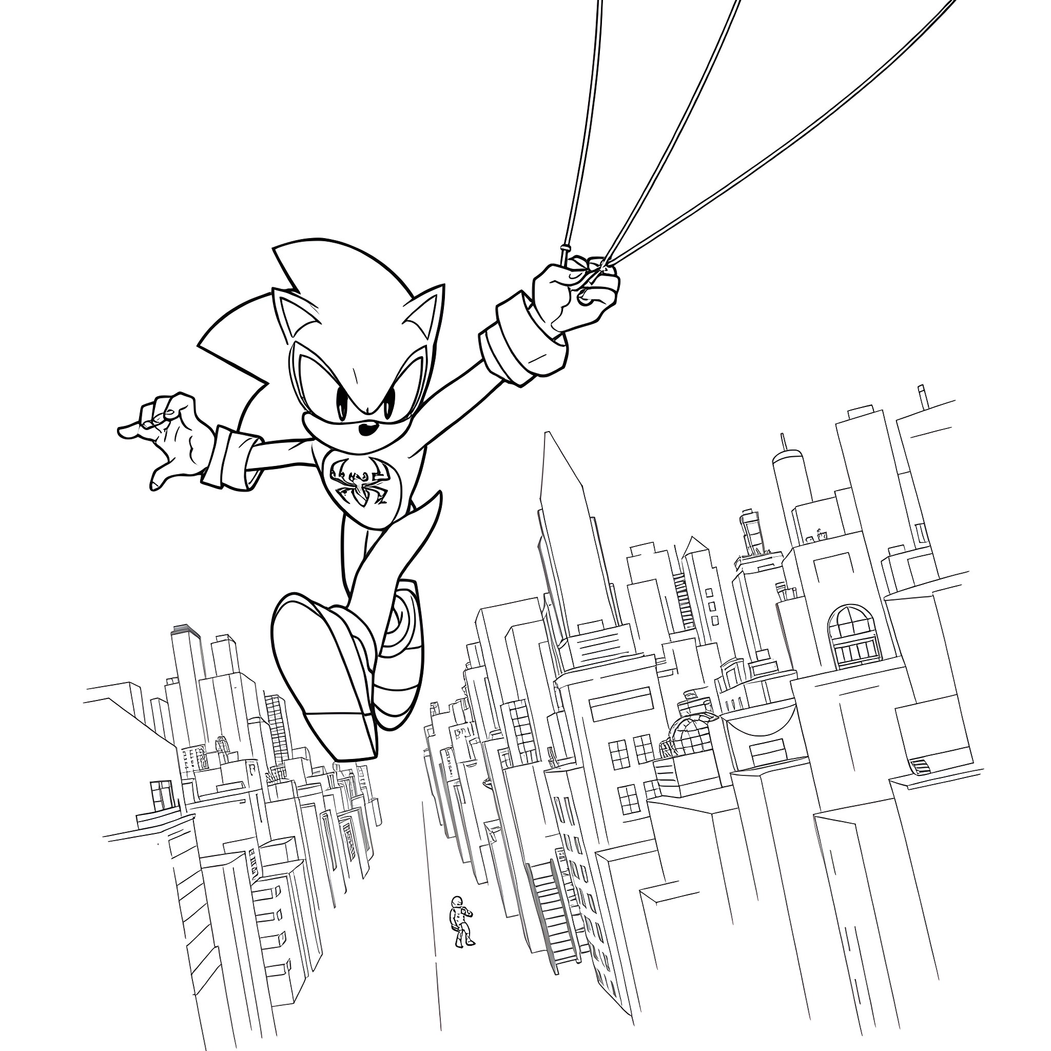 Sonic swinging through a futuristic city skyline Coloring Page (free black-and-white line drawing printable PDF for all, from beginners to advanced learners, including children, teens, adults, and seniors)