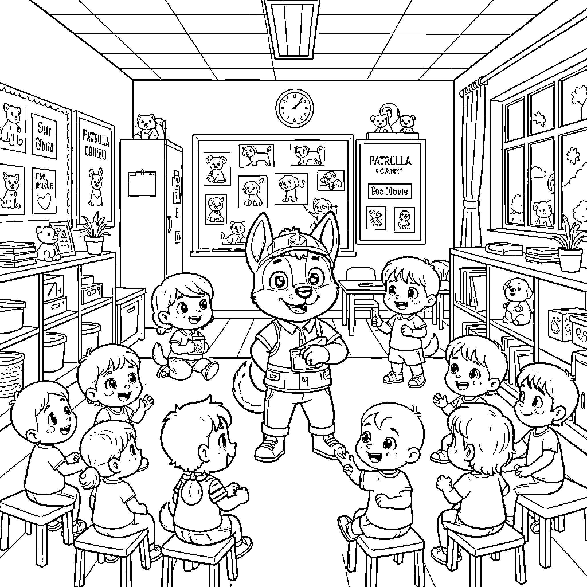 Paw Patrol character interacting with happy children in classroom Coloring Page (free black-and-white line drawing printable PDF for all, from beginners to advanced learners, including children, teens, adults, and seniors)