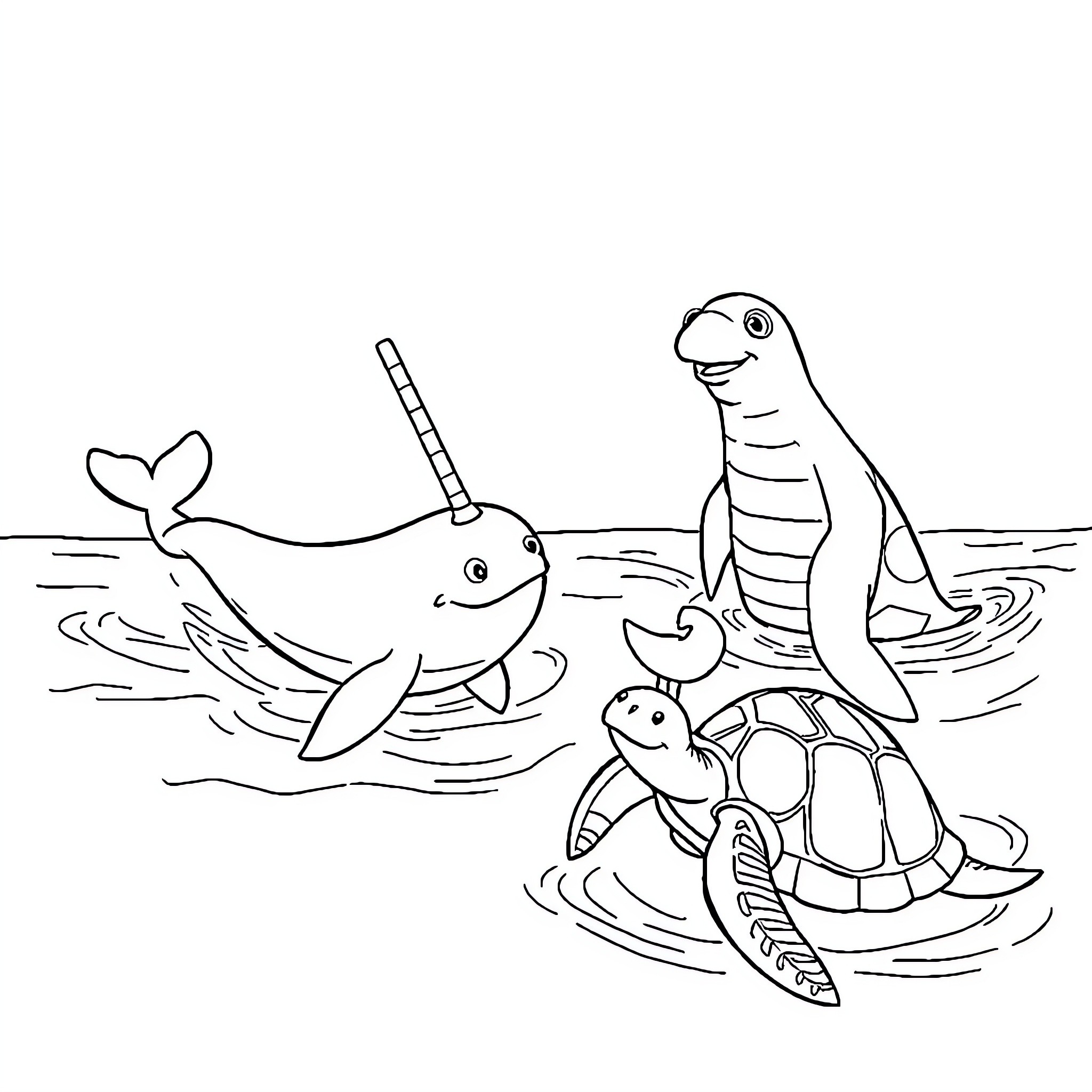 Narwhal and sea creatures swimming in the ocean Coloring Page (free black-and-white line drawing printable PDF for all, from beginners to advanced learners, including children, teens, adults, and seniors)