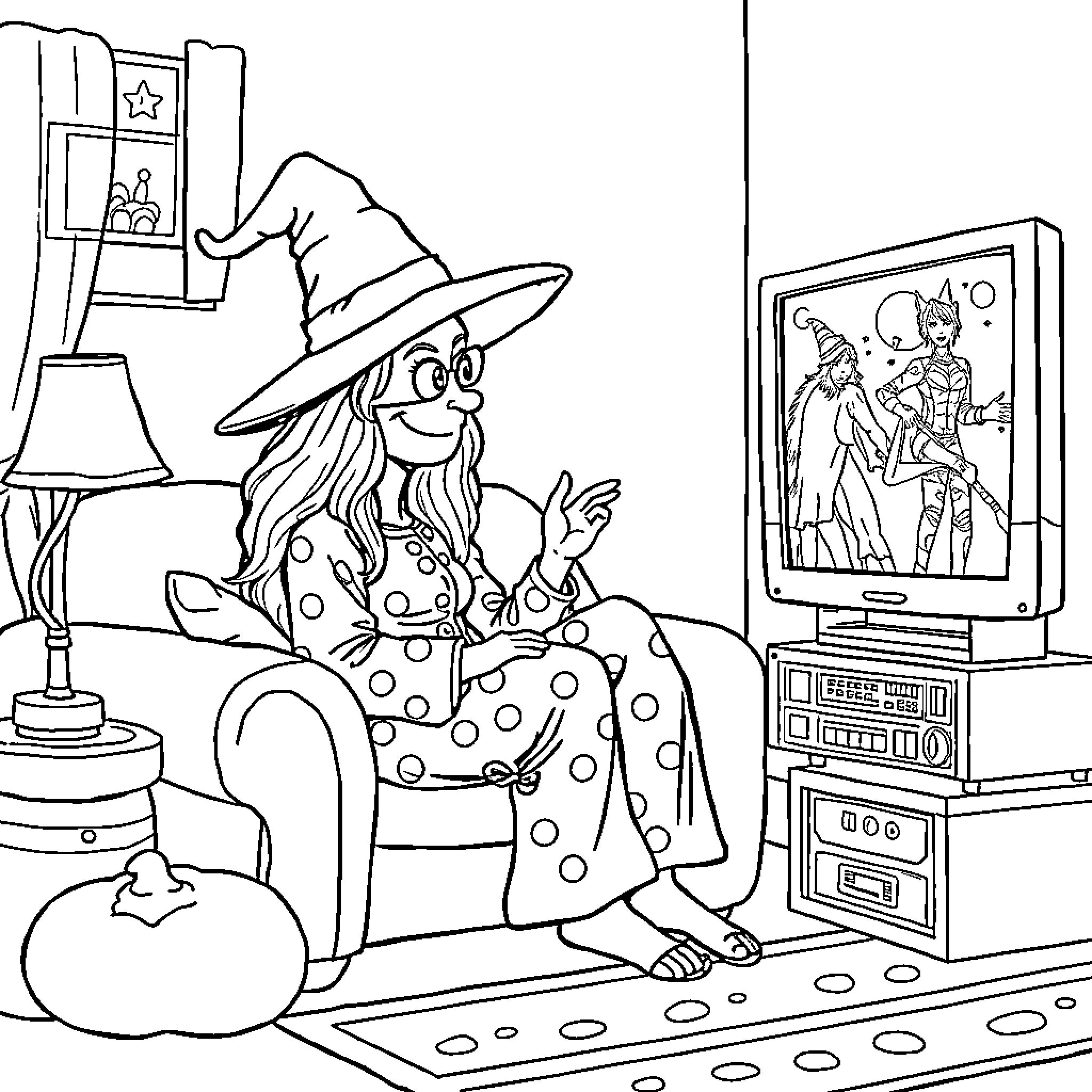 Witch relaxing and watching television Coloring Page (free black-and-white line drawing printable PDF for all, from beginners to advanced learners, including children, teens, adults, and seniors)