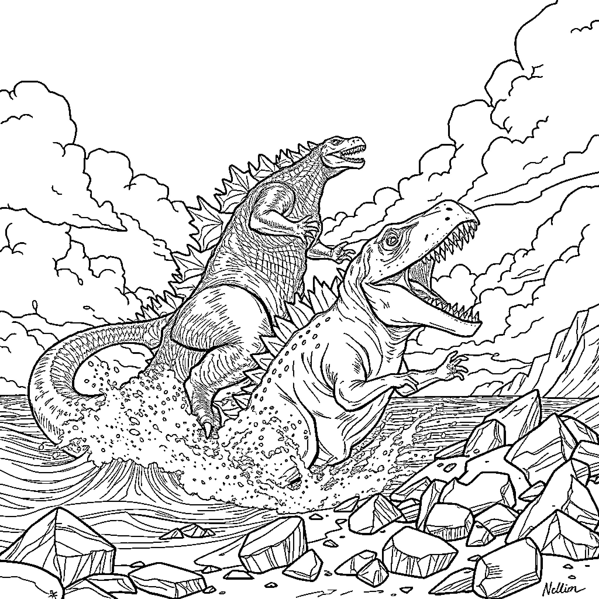 Mosasaurus battling prehistoric marine predators Coloring Page (free black-and-white line drawing printable PDF for all, from beginners to advanced learners, including children, teens, adults, and seniors)