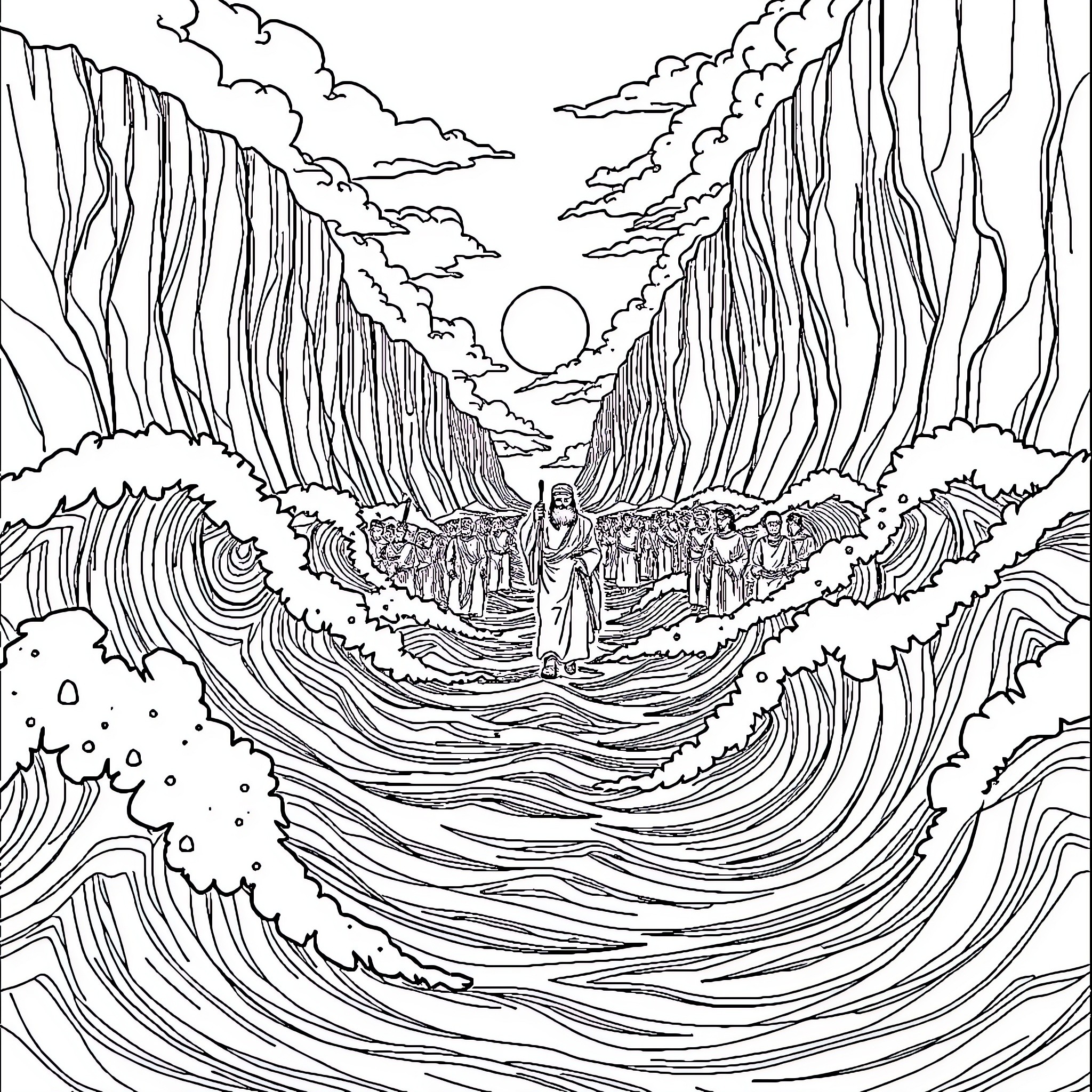 Moses Parting the Seas in Dramatic Landscape Coloring Page (free black-and-white line drawing printable PDF for all, from beginners to advanced learners, including children, teens, adults, and seniors)
