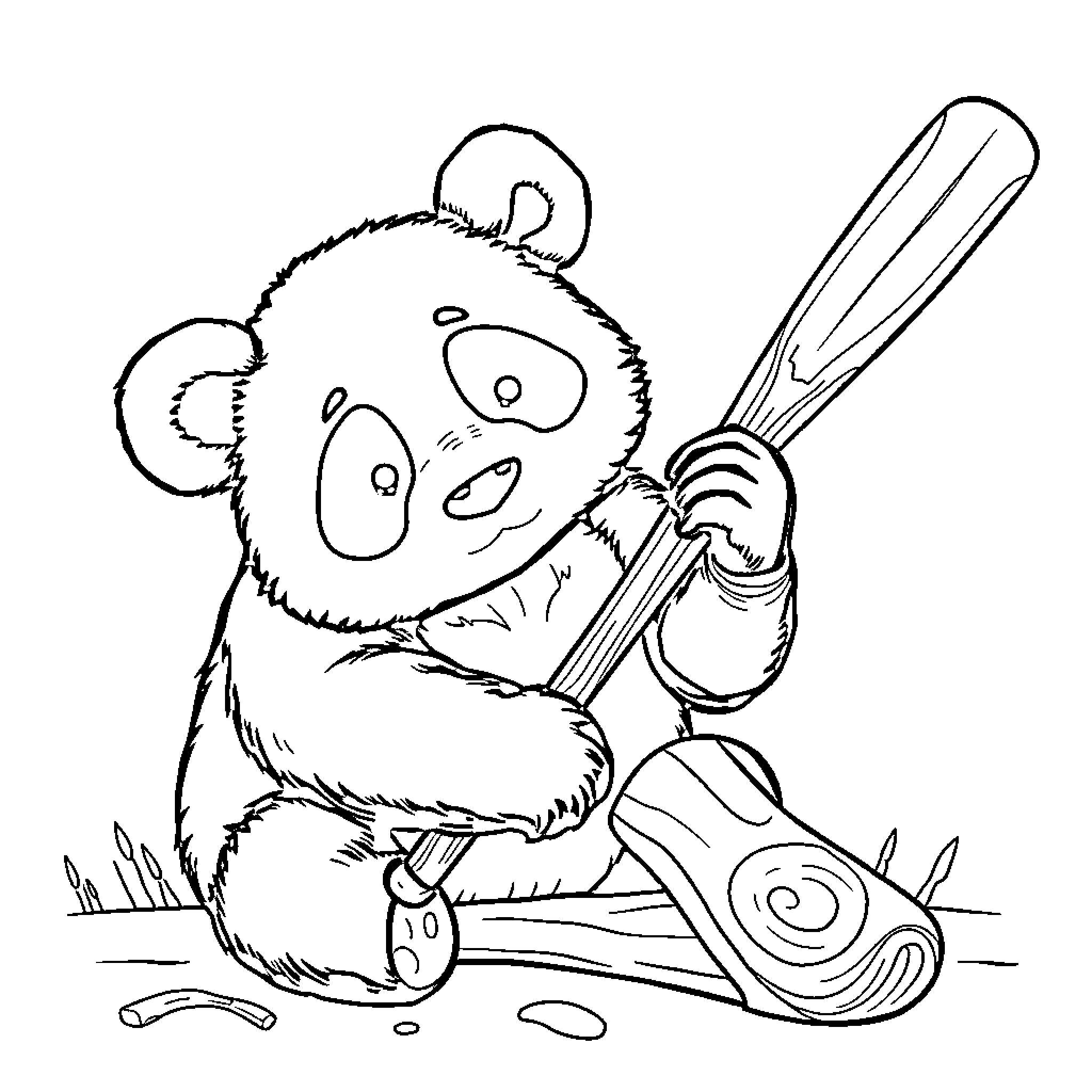 Panda exploring with garden tools Coloring Page (free black-and-white line drawing printable PDF for all, from beginners to advanced learners, including children, teens, adults, and seniors)