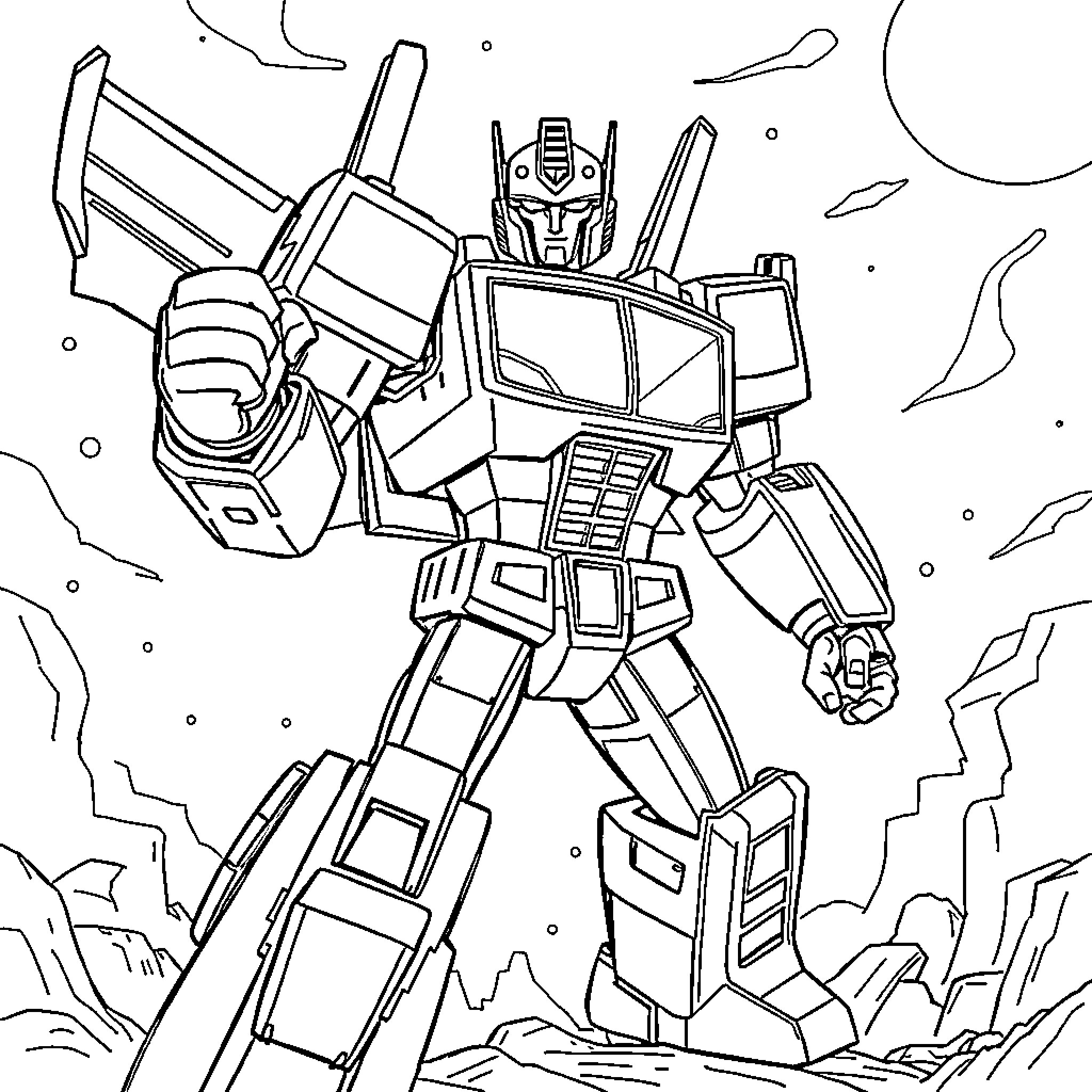 Optimus Prime in heroic action pose Coloring Page (free black-and-white line drawing printable PDF for all, from beginners to advanced learners, including children, teens, adults, and seniors)