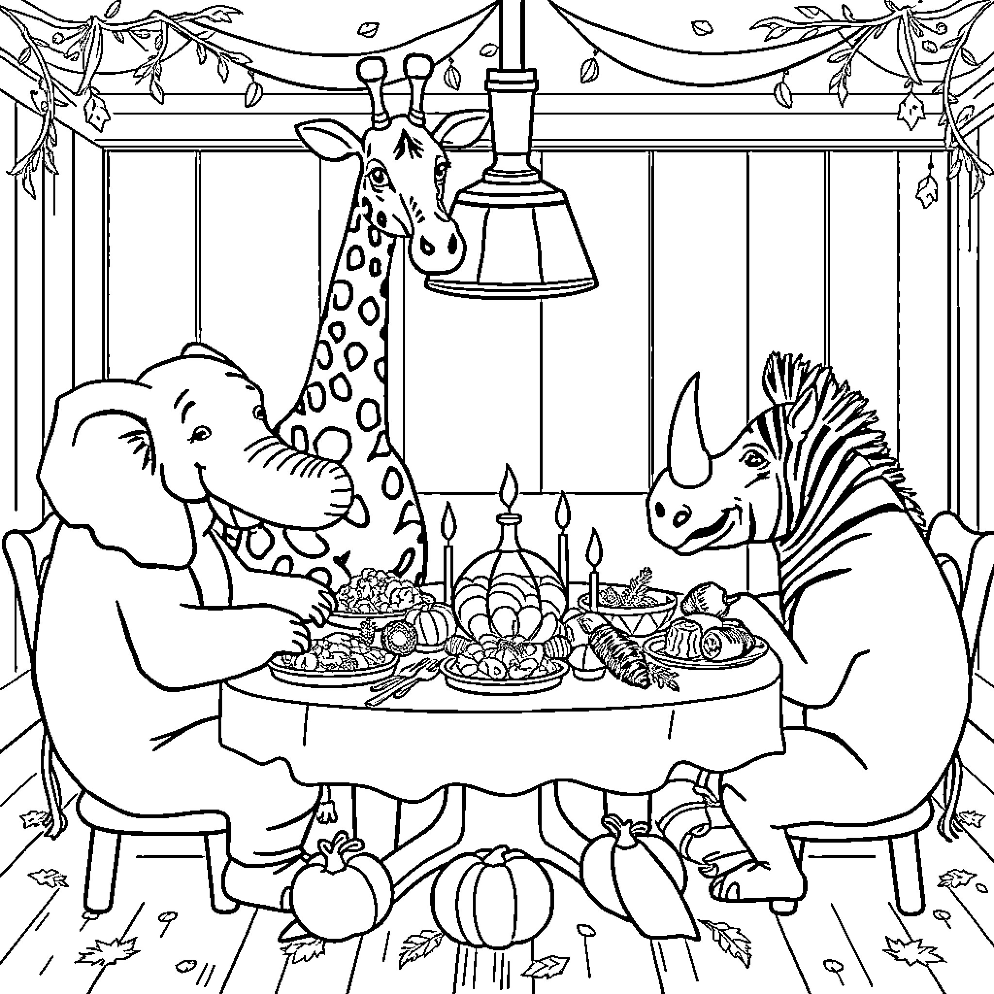 Animal Friends Enjoying a Festive Meal Coloring Page (free black-and-white line drawing printable PDF for all, from beginners to advanced learners, including children, teens, adults, and seniors)