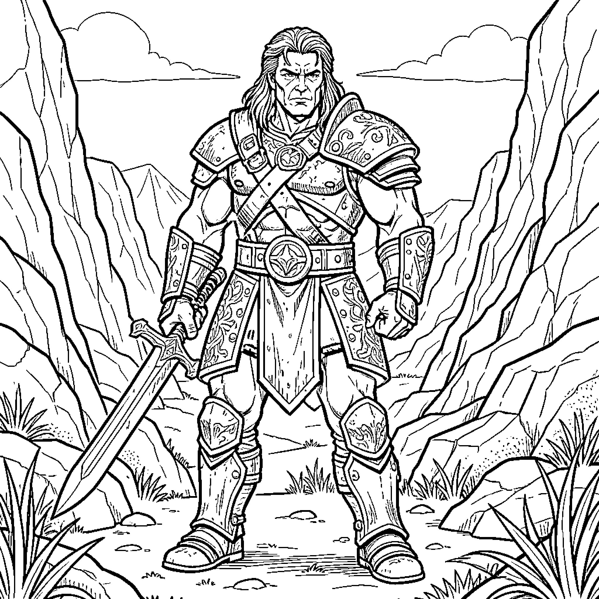 Conan the Barbarian in Heroic Pose Coloring Page (free black-and-white line drawing printable PDF for all, from beginners to advanced learners, including children, teens, adults, and seniors)