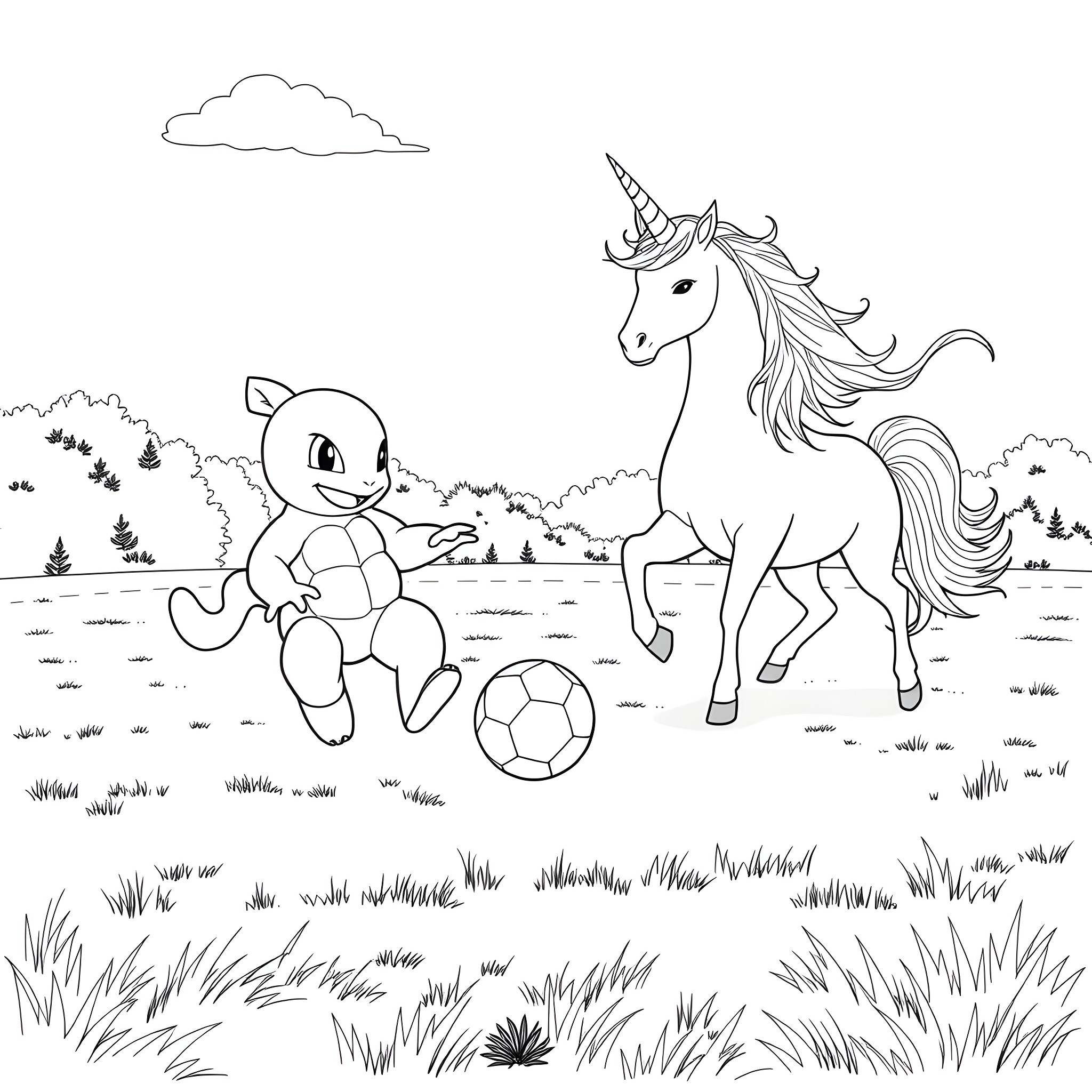 Squirtle playing with a unicorn in the meadow Coloring Page (free black-and-white line drawing printable PDF for all, from beginners to advanced learners, including children, teens, adults, and seniors)