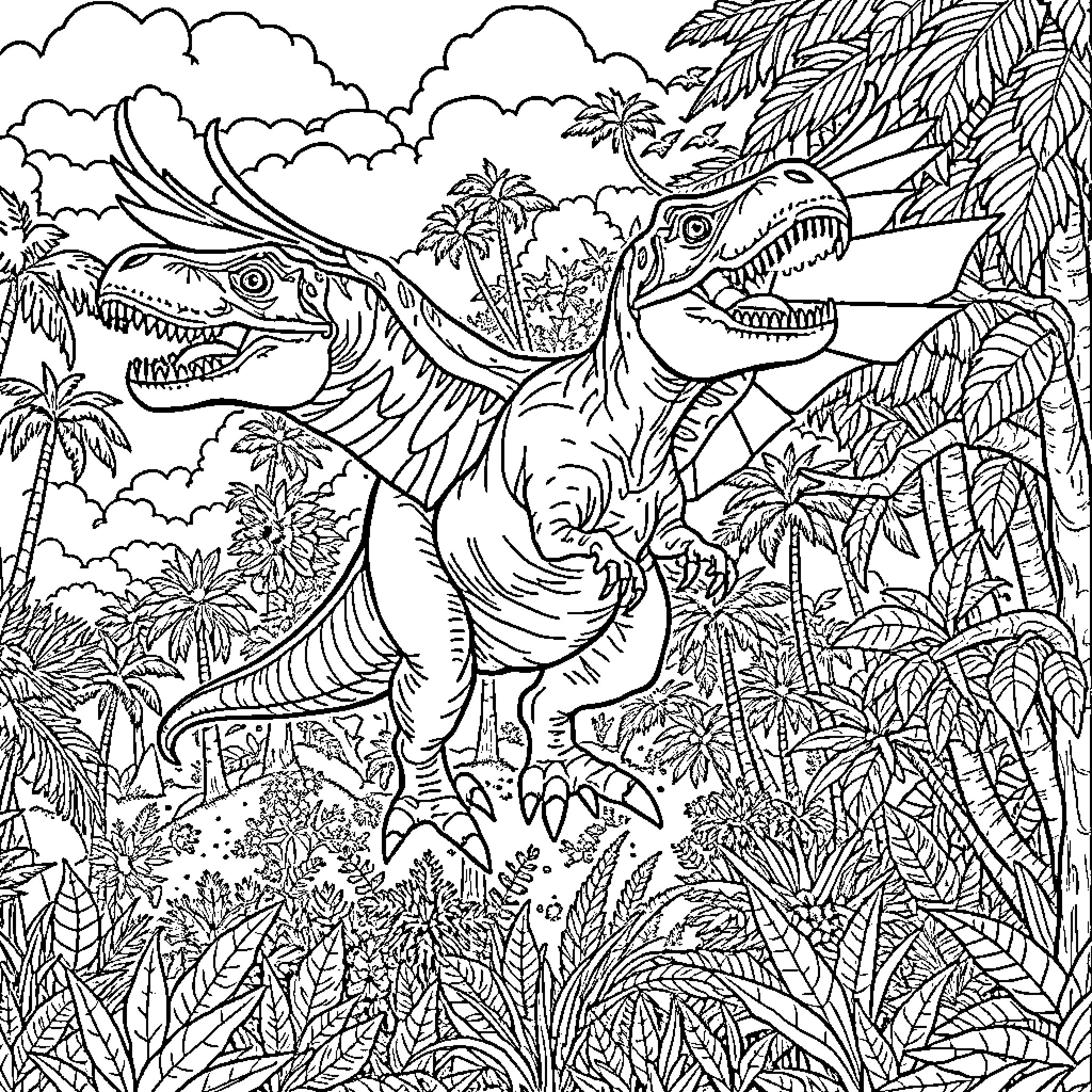 T-Rex dinosaurs in a lush jungle landscape Coloring Page (free black-and-white line drawing printable PDF for all, from beginners to advanced learners, including children, teens, adults, and seniors)