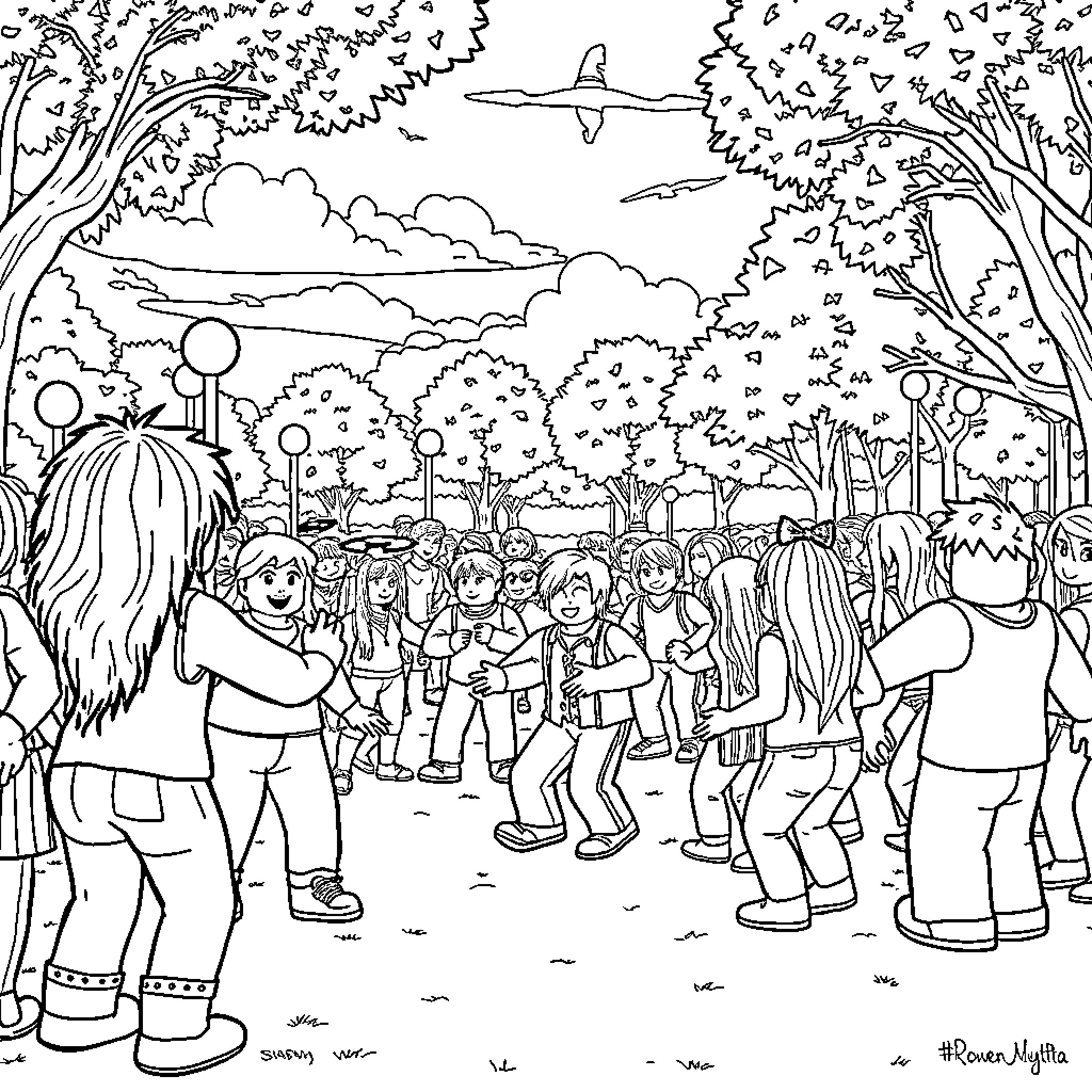 Roblox characters exploring the virtual world Coloring Page (free black-and-white line drawing printable PDF for all, from beginners to advanced learners, including children, teens, adults, and seniors)
