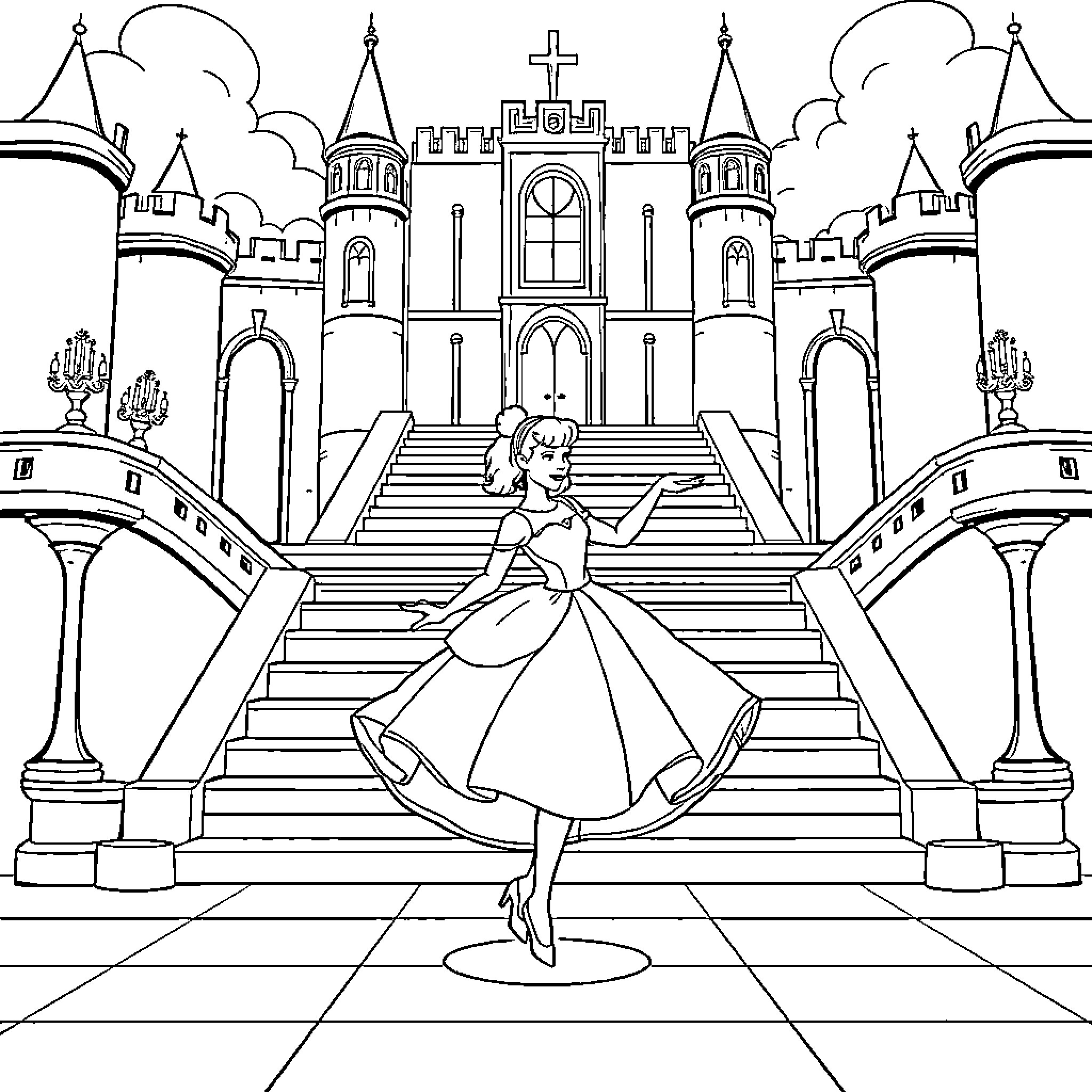 Cinderella dancing gracefully in front of castle Coloring Page (free black-and-white line drawing printable PDF for all, from beginners to advanced learners, including children, teens, adults, and seniors)