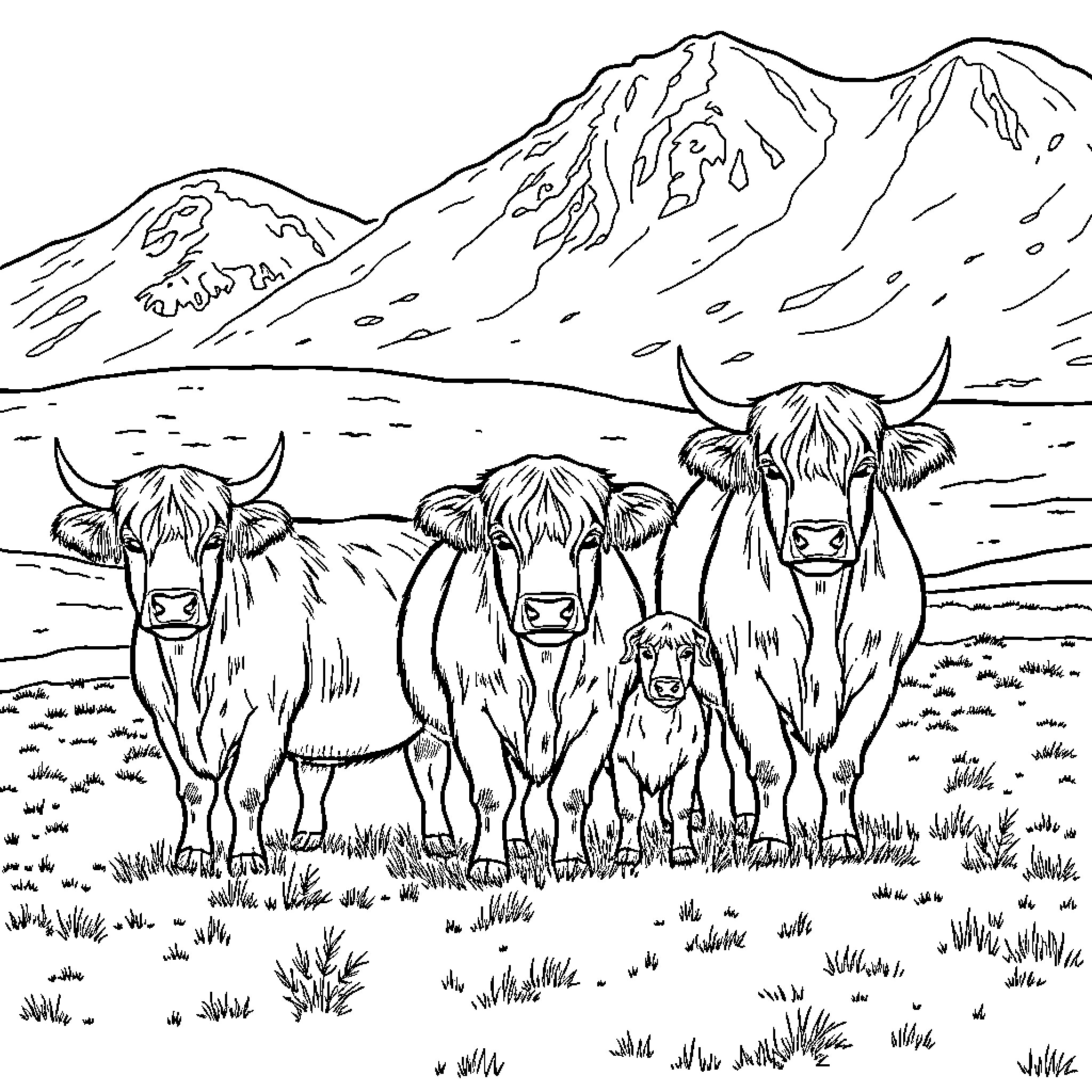 Highland Cows Grazing in the Mountains Coloring Page (free black-and-white line drawing printable PDF for all, from beginners to advanced learners, including children, teens, adults, and seniors)