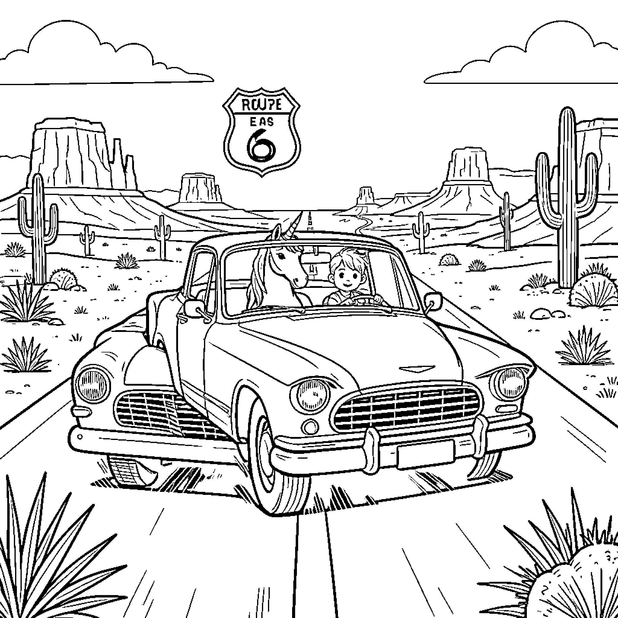 Unicorn driving a vintage convertible through a desert landscape Coloring Page (free black-and-white line drawing printable PDF for all, from beginners to advanced learners, including children, teens, adults, and seniors)