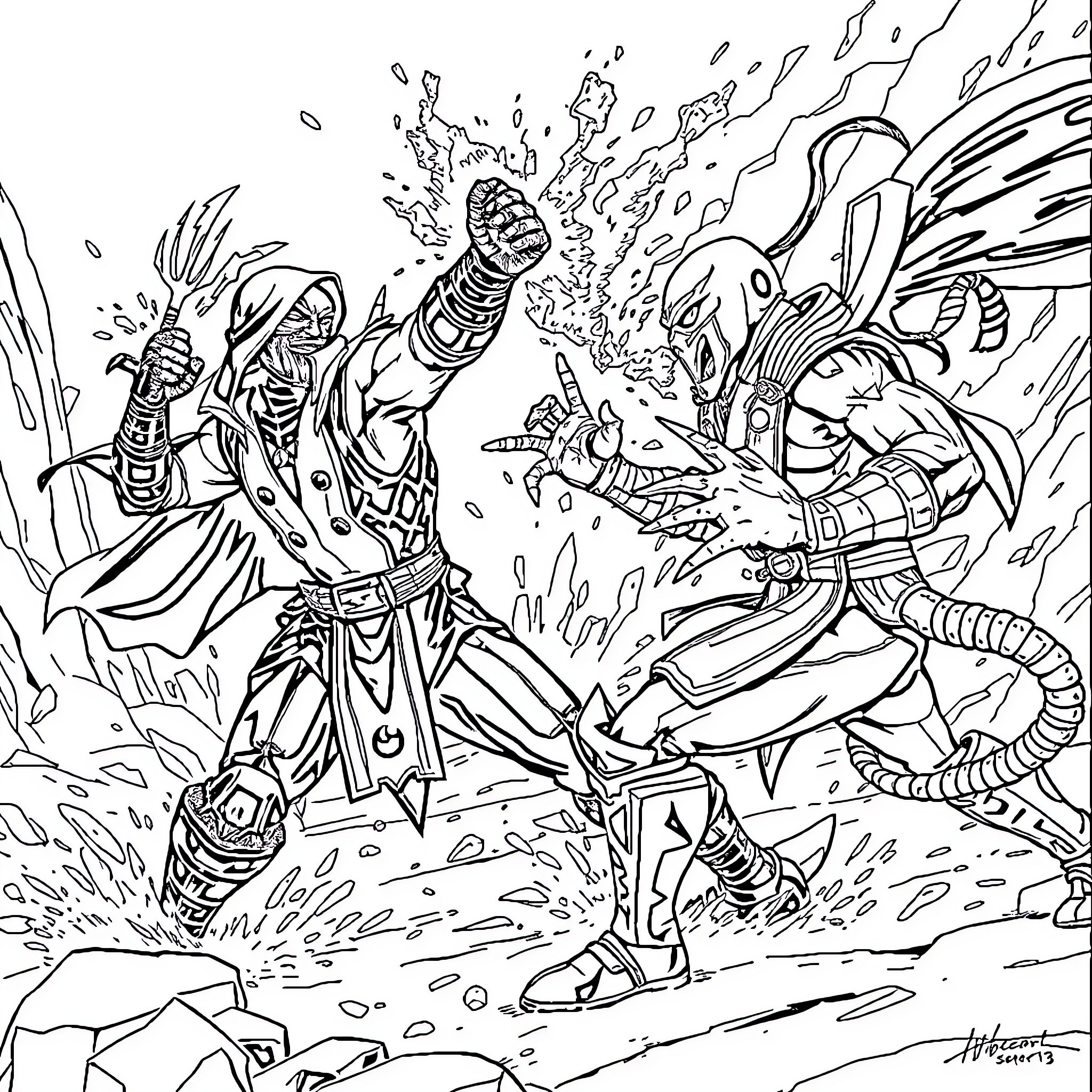 Mortal Kombat: Intense Combat Clash of Iconic Fighters Coloring Page (free black-and-white line drawing printable PDF for all, from beginners to advanced learners, including children, teens, adults, and seniors)