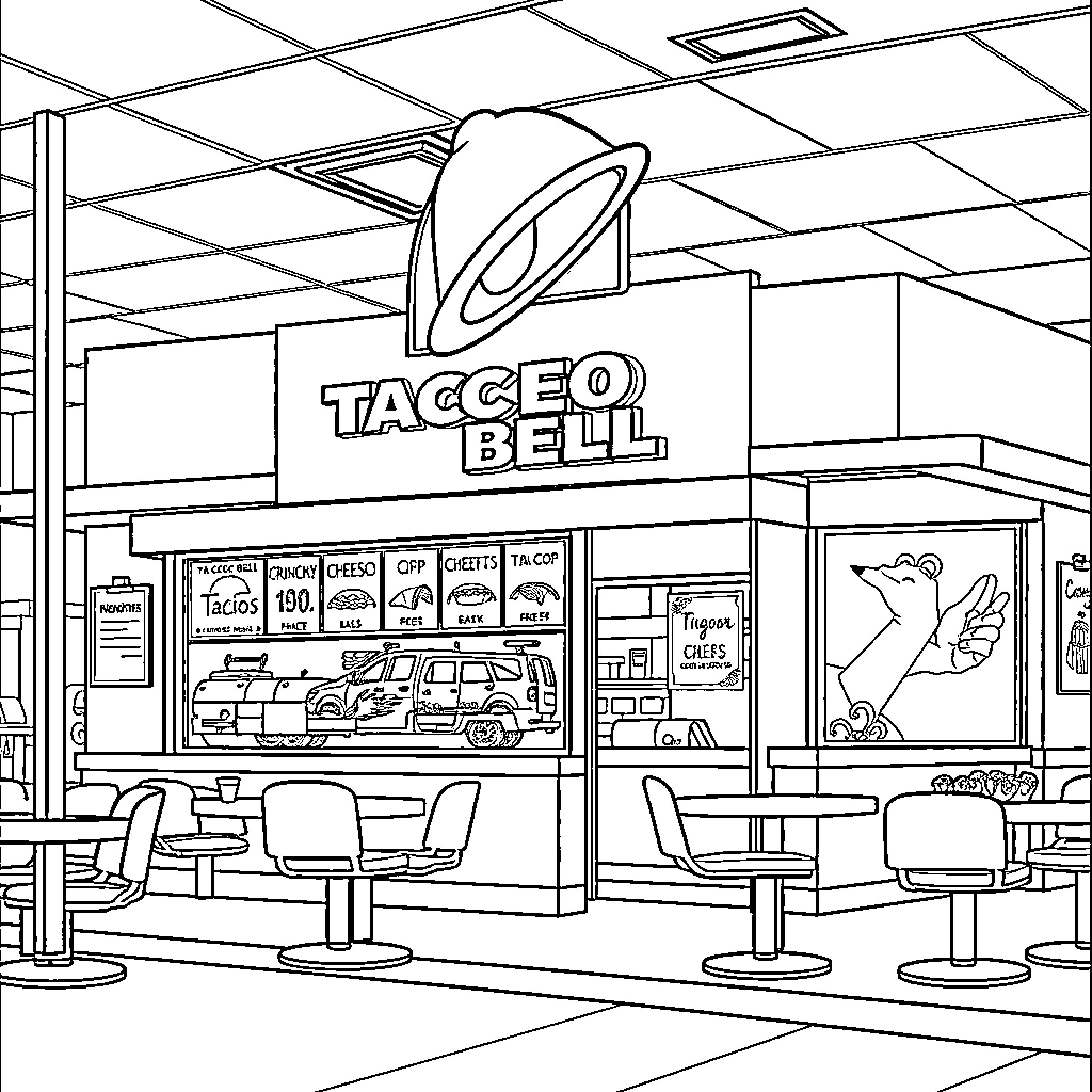 Taco Bell interior with order counters and seating Coloring Page (free black-and-white line drawing printable PDF for all, from beginners to advanced learners, including children, teens, adults, and seniors)