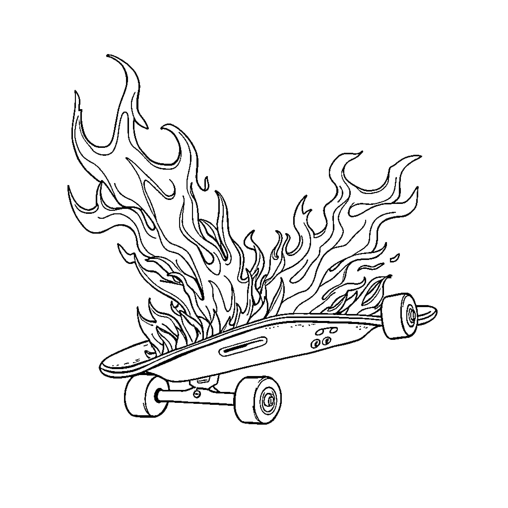 Skateboard riding with fiery wheels Coloring Page (free black-and-white line drawing printable PDF for all, from beginners to advanced learners, including children, teens, adults, and seniors)