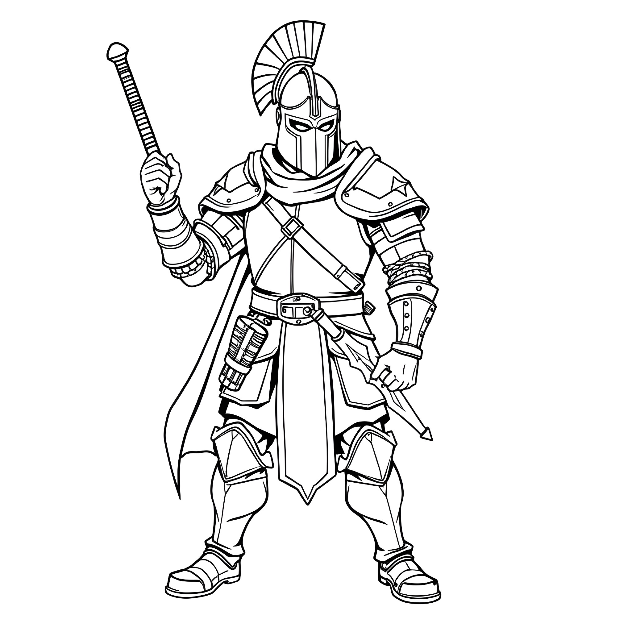 Human Fighter in Armored Combat Gear Coloring Page (free black-and-white line drawing printable PDF for all, from beginners to advanced learners, including children, teens, adults, and seniors)