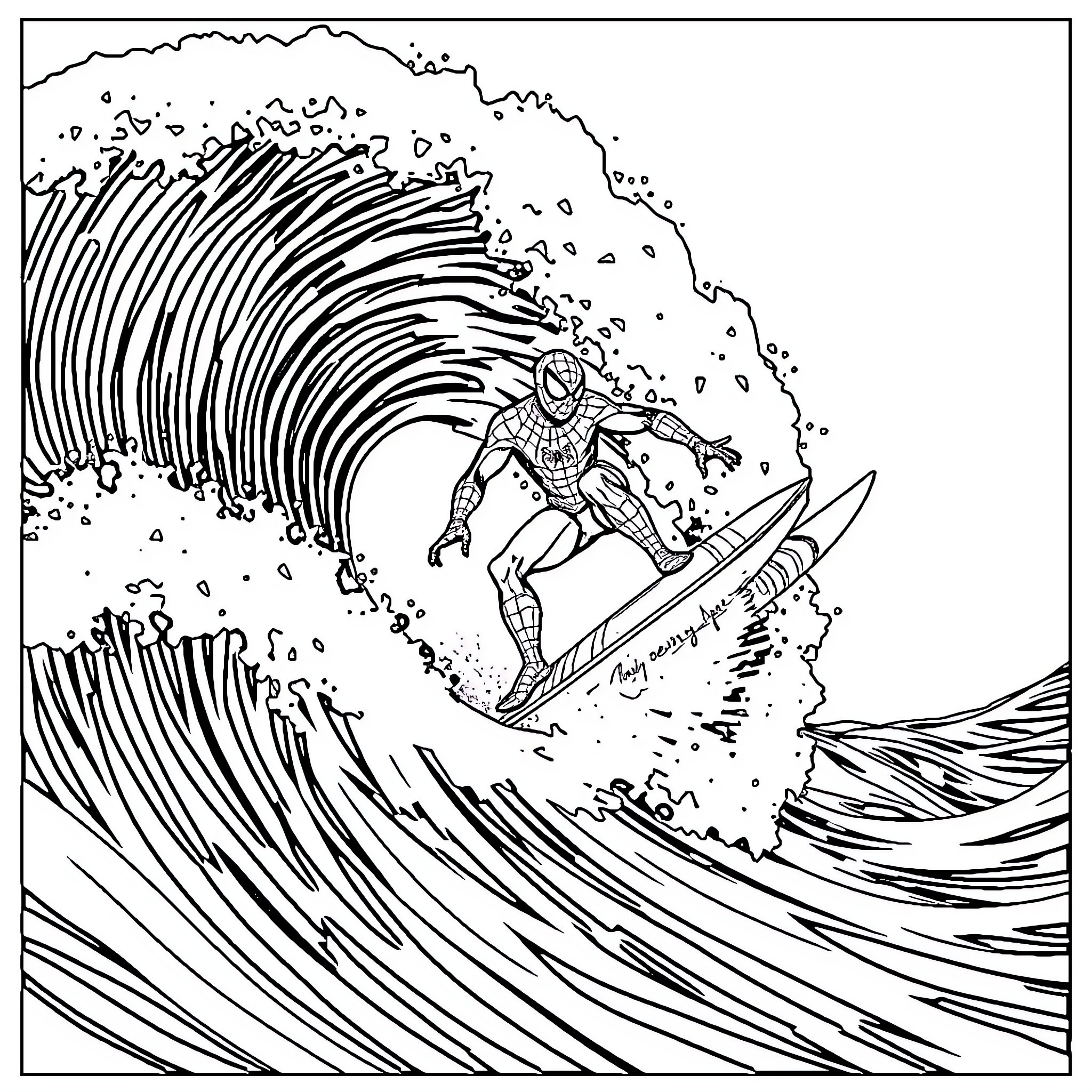 Spiderman riding a giant wave Coloring Page (free black-and-white line drawing printable PDF for all, from beginners to advanced learners, including children, teens, adults, and seniors)