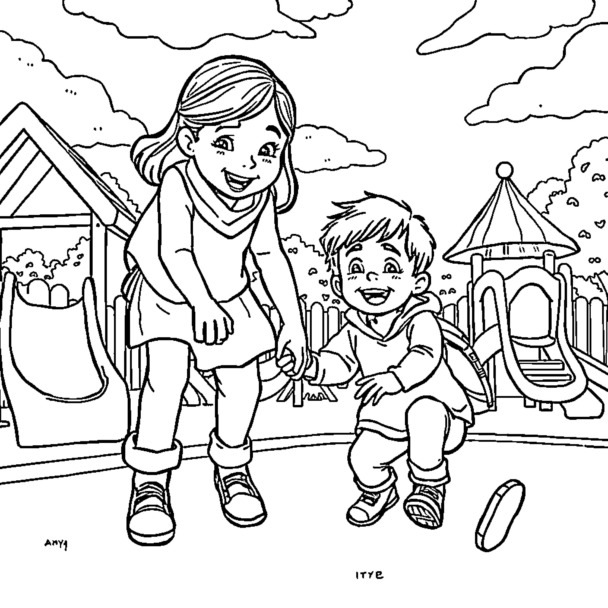 Anya and Liam playing happily at the playground Coloring Page (free black-and-white line drawing printable PDF for all, from beginners to advanced learners, including children, teens, adults, and seniors)