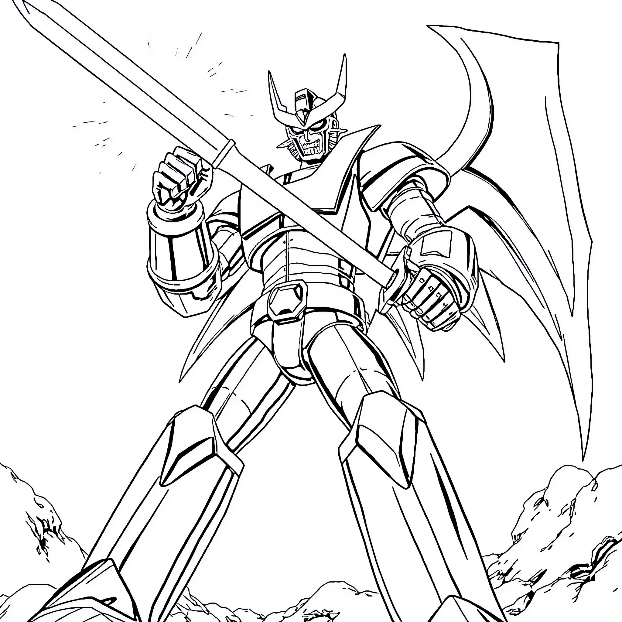 Mazinger Z in epic battle with sword and shield Coloring Page (free black-and-white line drawing printable PDF for all, from beginners to advanced learners, including children, teens, adults, and seniors)