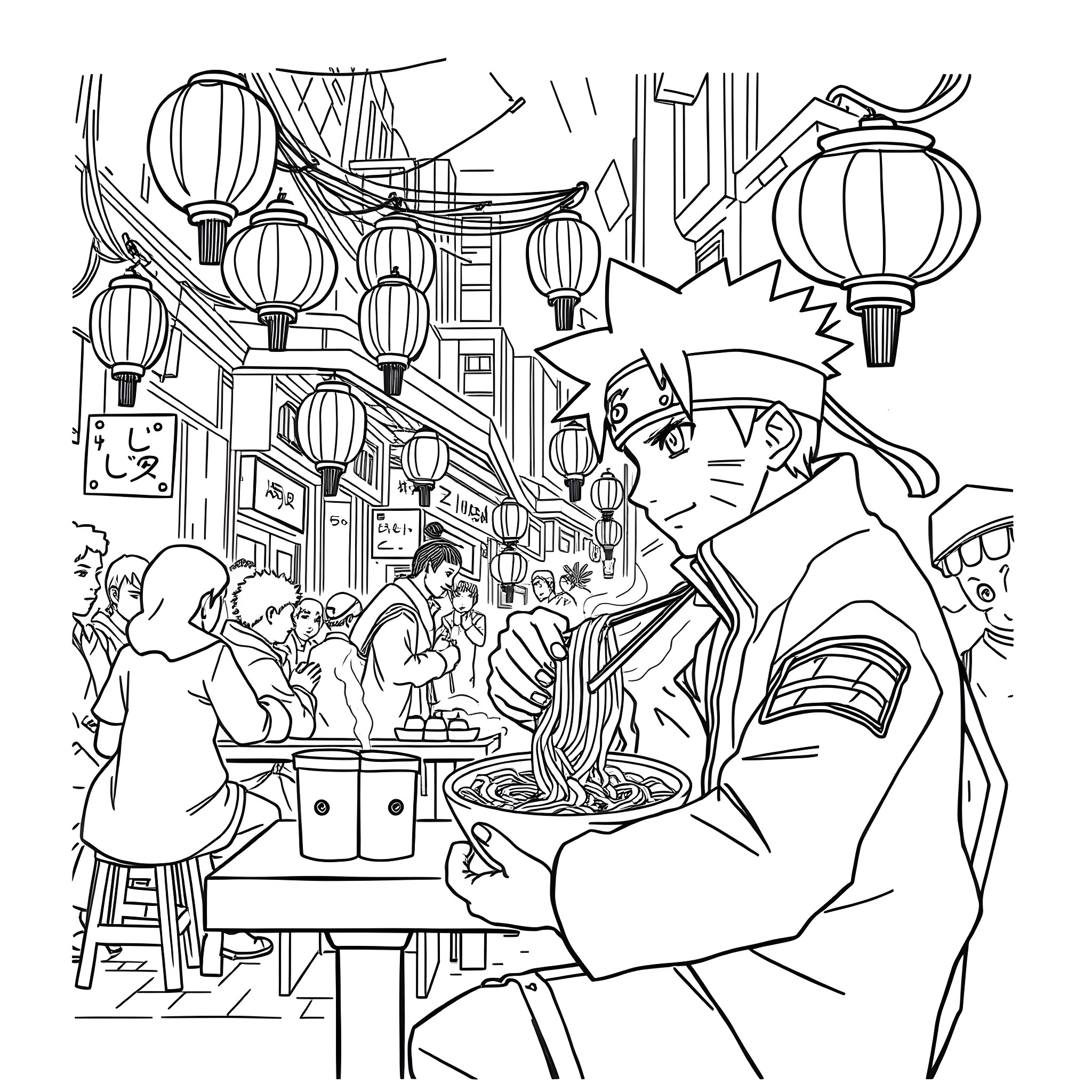 Naruto characters enjoying a lively night market Coloring Page (free black-and-white line drawing printable PDF for all, from beginners to advanced learners, including children, teens, adults, and seniors)