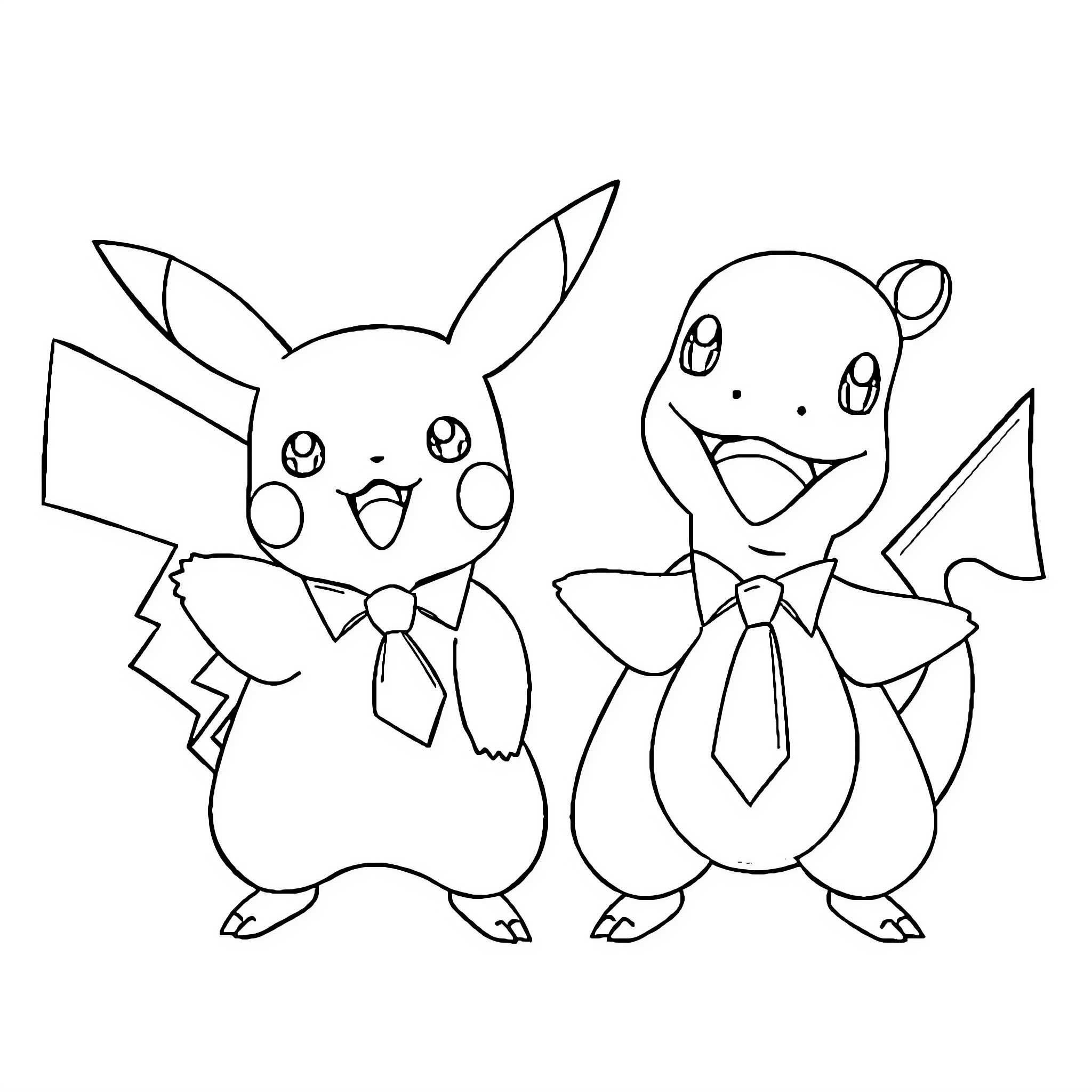 Pikachu and Squirtle playing dress-up Coloring Page (free black-and-white line drawing printable PDF for all, from beginners to advanced learners, including children, teens, adults, and seniors)