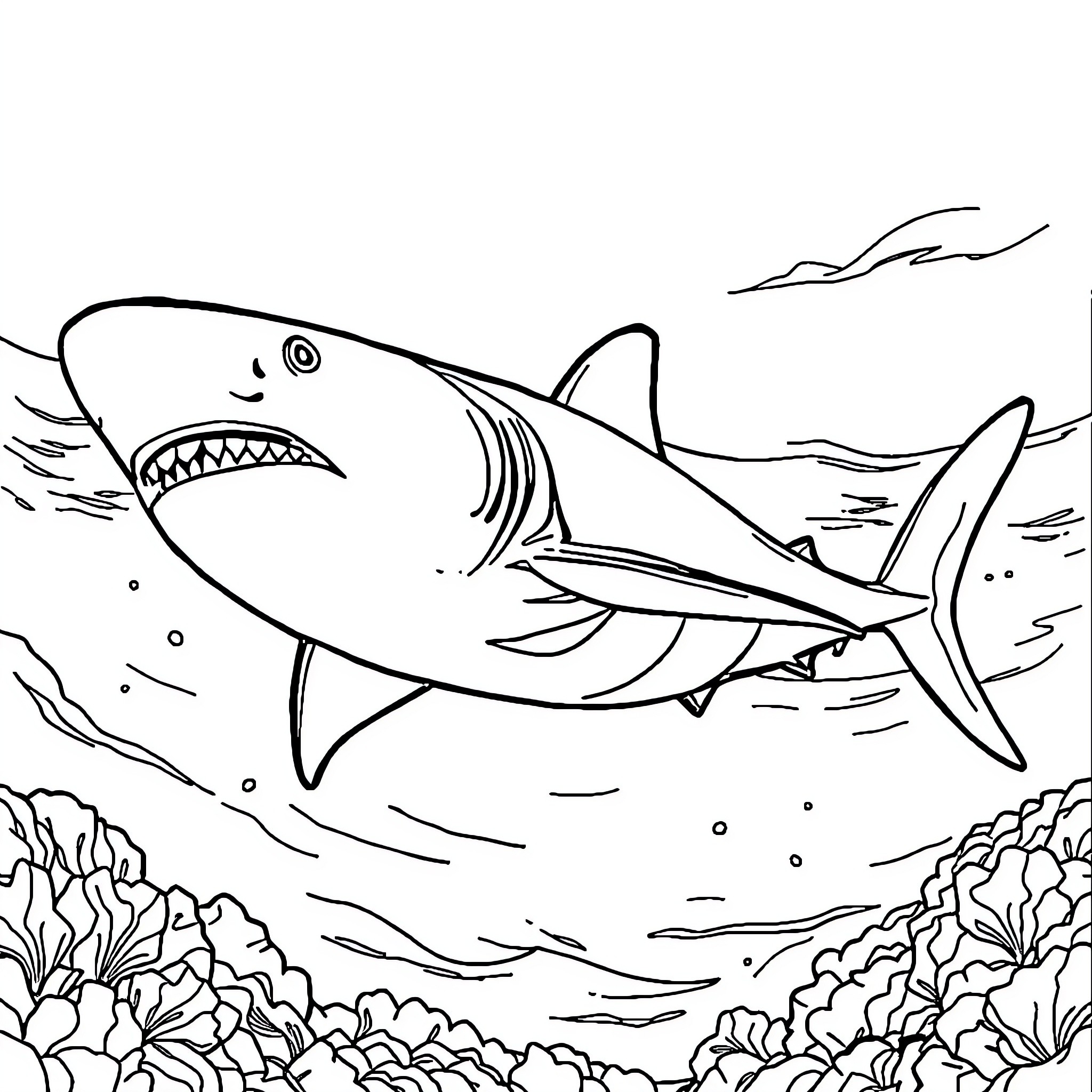 Shark swimming in the ocean Coloring Page (free black-and-white line drawing printable PDF for all, from beginners to advanced learners, including children, teens, adults, and seniors)