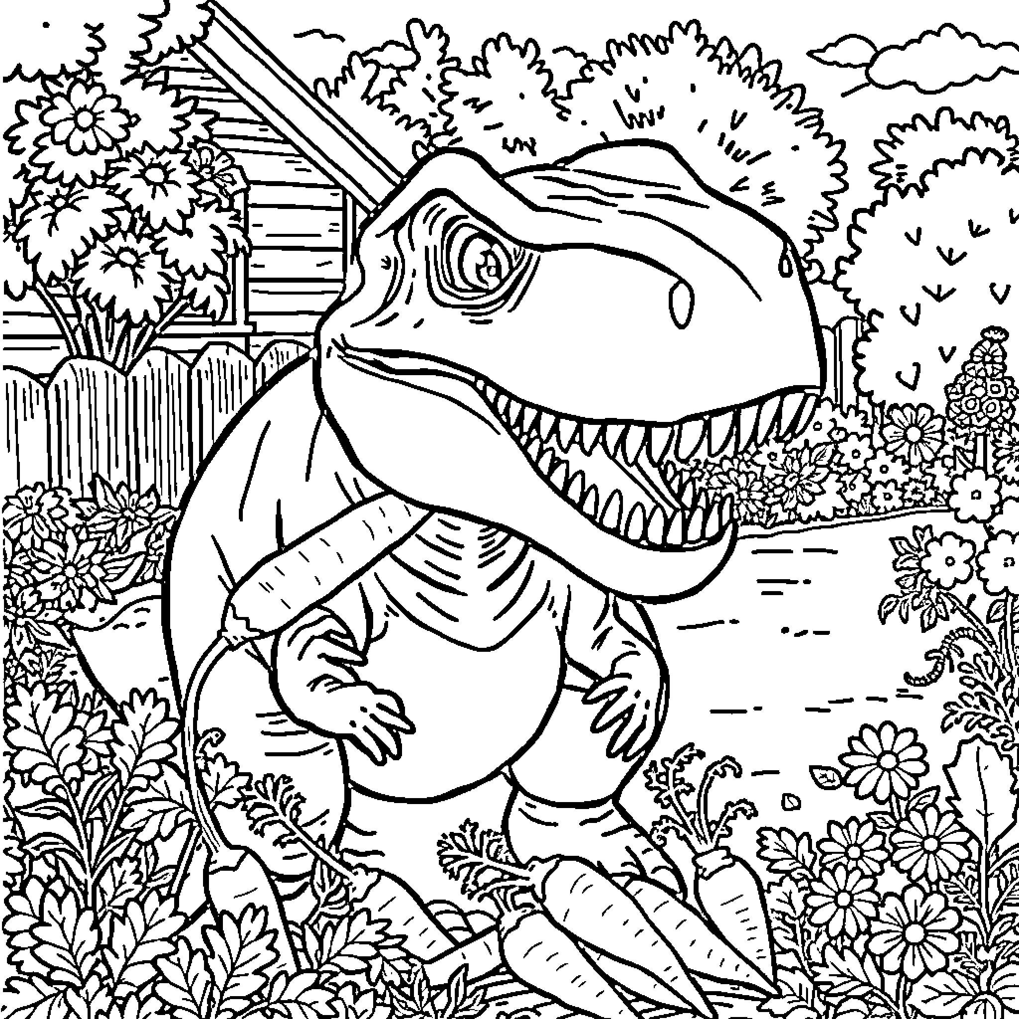 T-Rex roaring in a lush garden scene Coloring Page (free black-and-white line drawing printable PDF for all, from beginners to advanced learners, including children, teens, adults, and seniors)