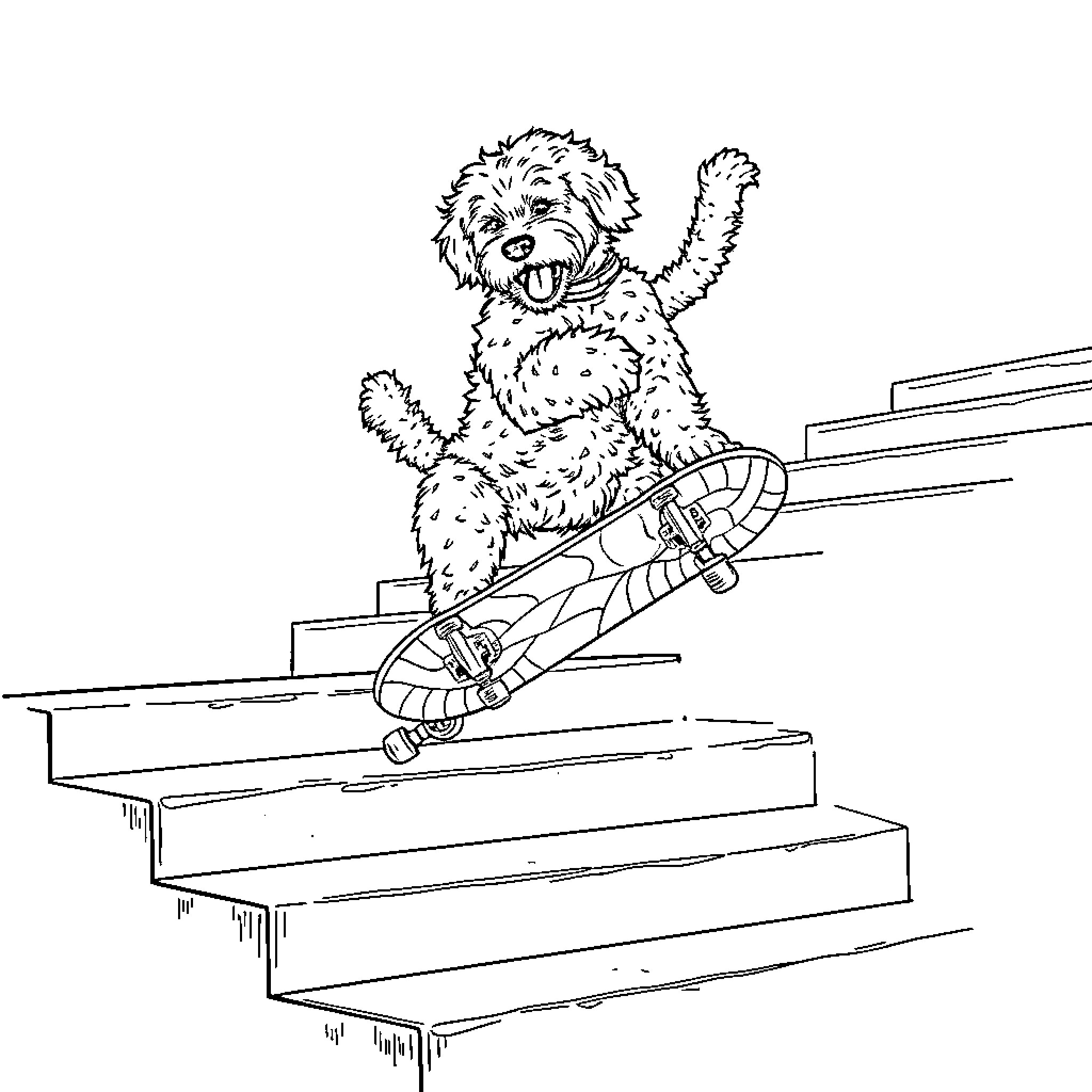 Doodle of a dog skateboarding down the stairs Coloring Page (free black-and-white line drawing printable PDF for all, from beginners to advanced learners, including children, teens, adults, and seniors)