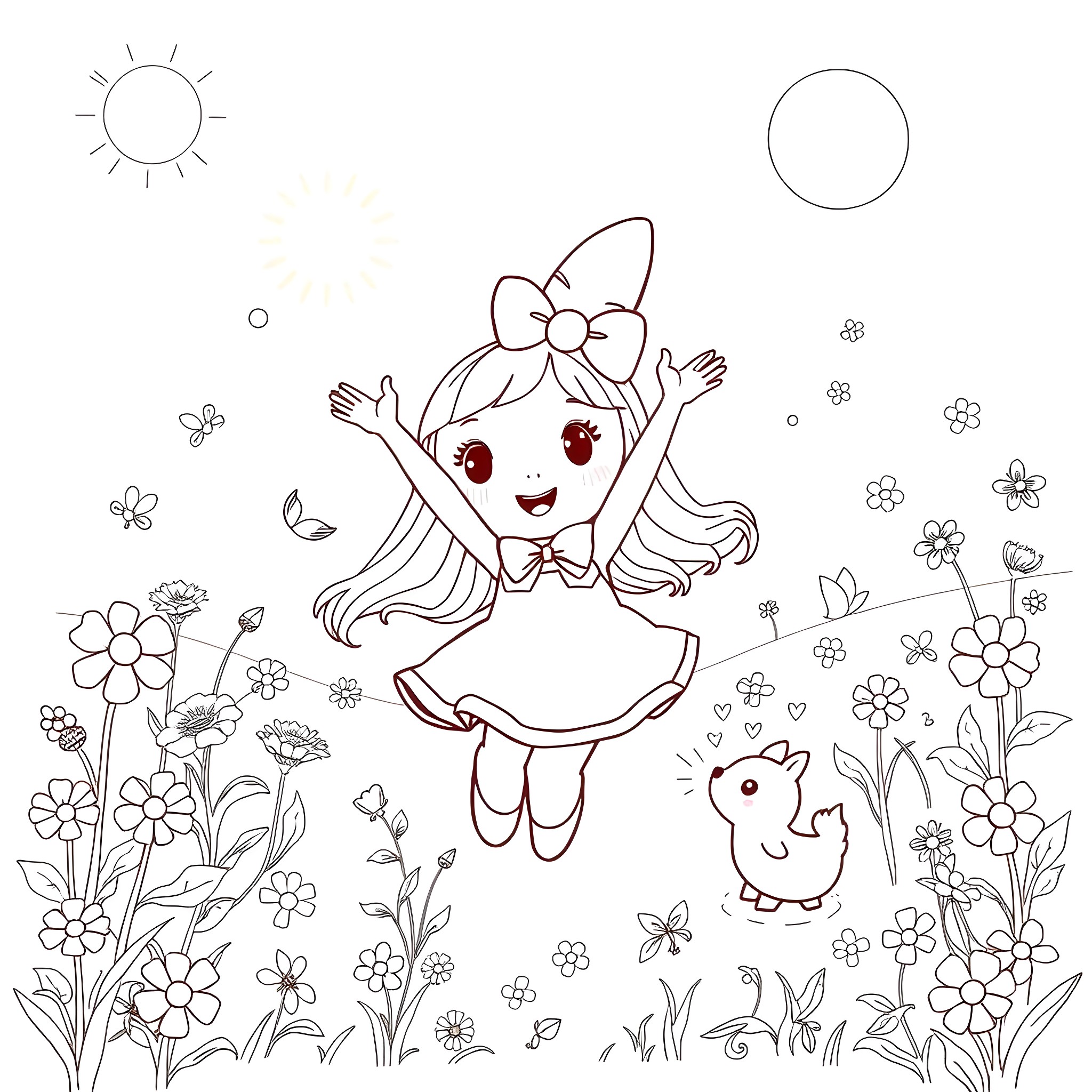 My Melody Frolicking Joyfully Amid Flowers Coloring Page (free black-and-white line drawing printable PDF for all, from beginners to advanced learners, including children, teens, adults, and seniors)
