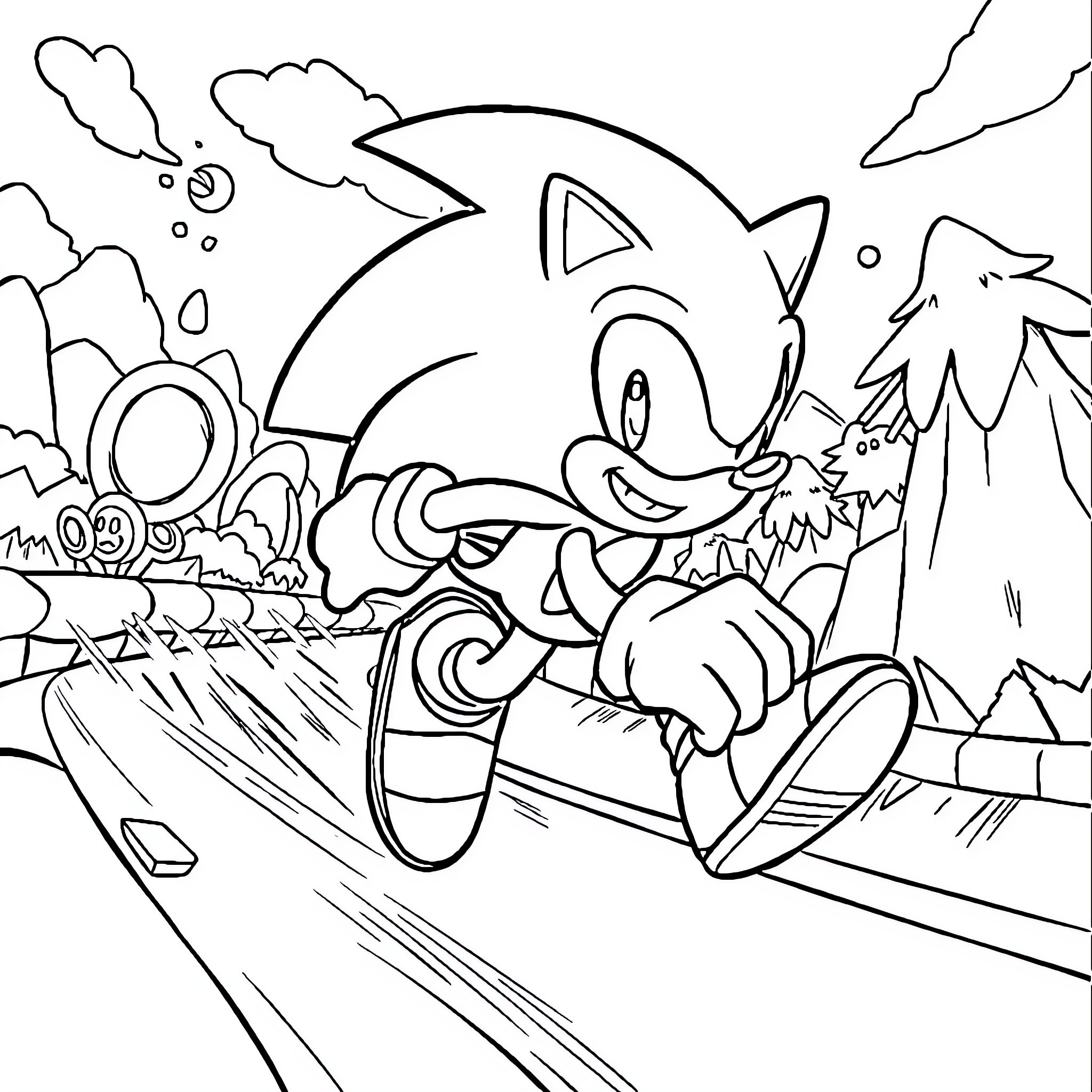 Sonic's Adventurous Journey Through the Countryside Coloring Page (free black-and-white line drawing printable PDF for all, from beginners to advanced learners, including children, teens, adults, and seniors)