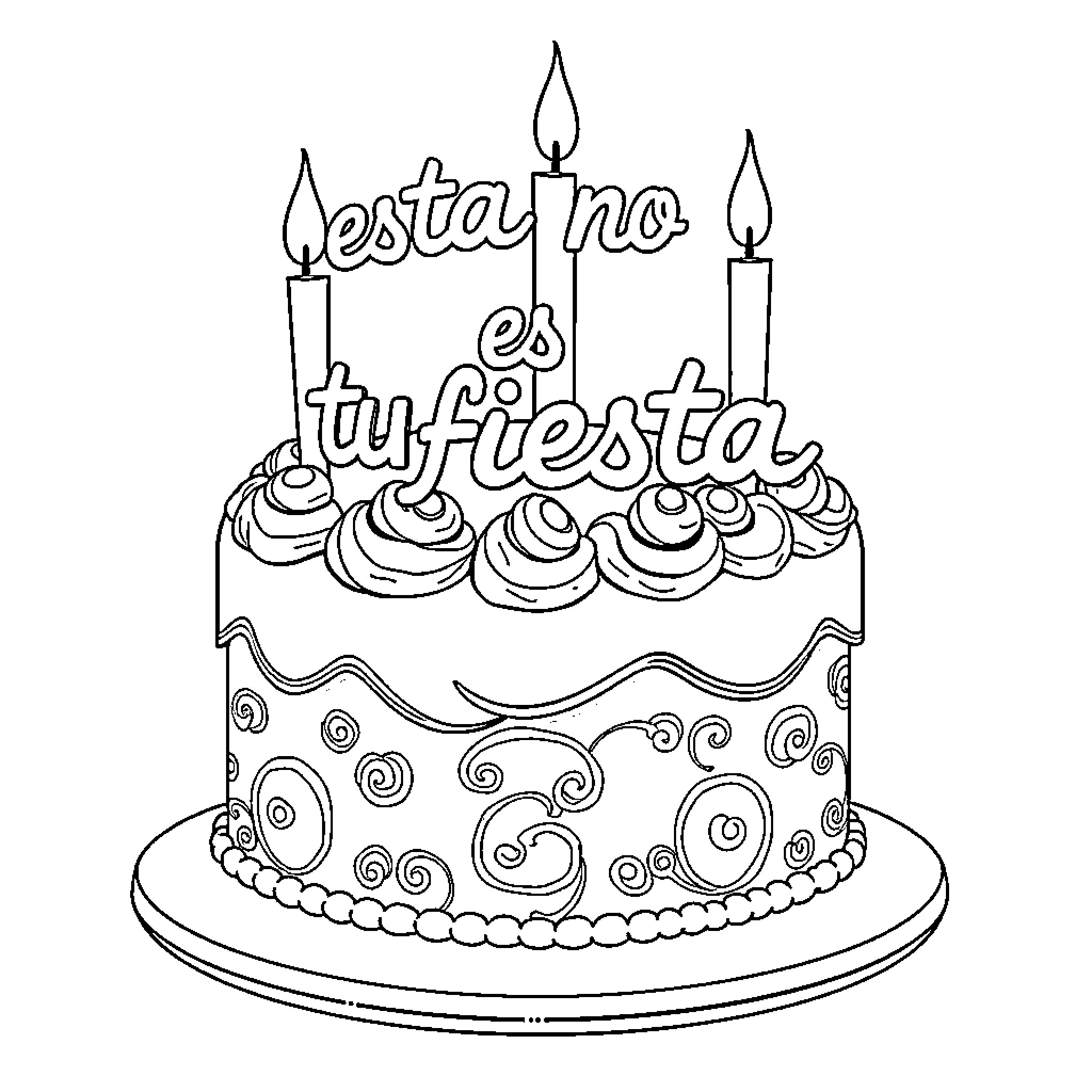Birthday Cake with Candles and Decorations Coloring Page (free black-and-white line drawing printable PDF for all, from beginners to advanced learners, including children, teens, adults, and seniors)