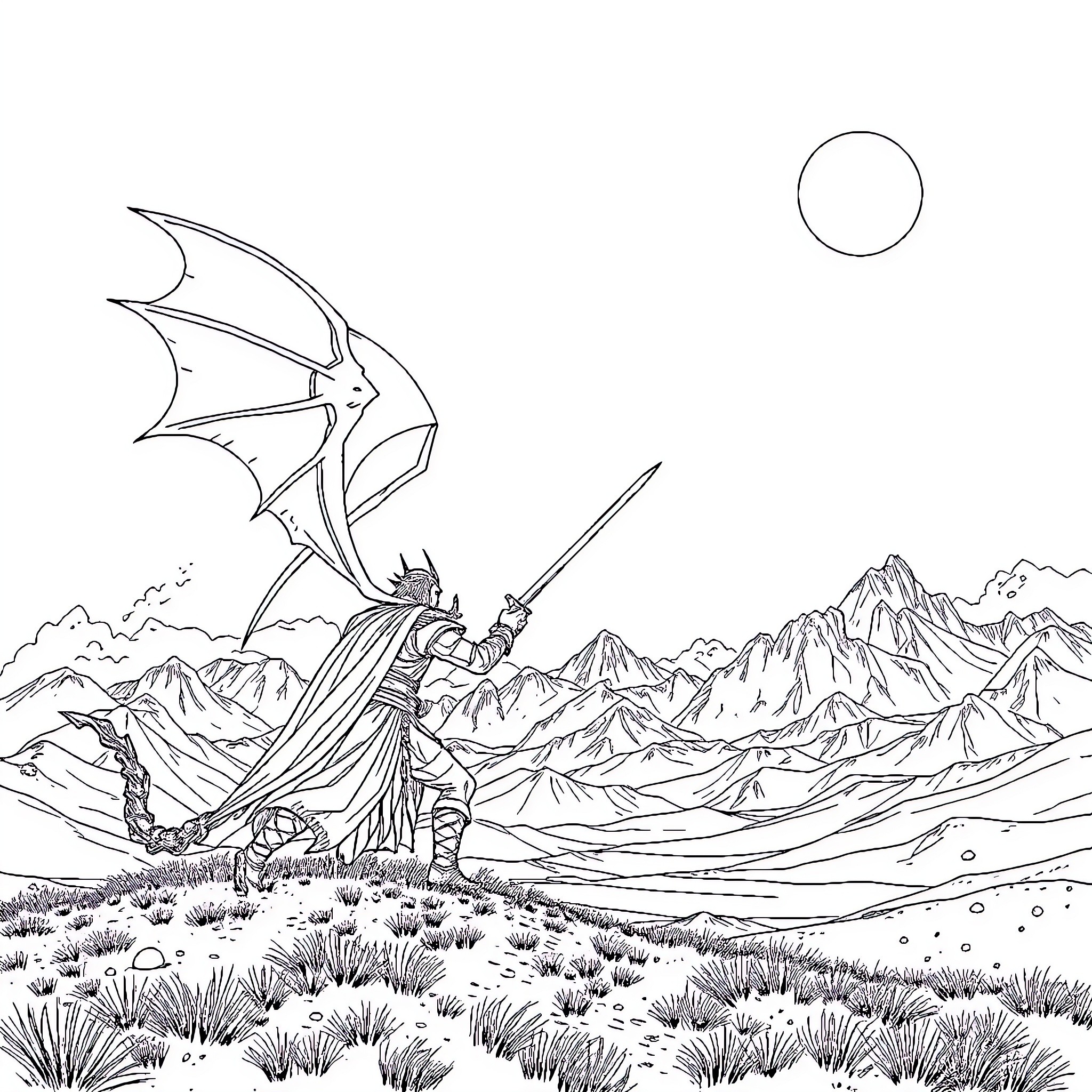 Ushoan Warrior Battles Mythical Creature in Mountainous Landscape Coloring Page (free black-and-white line drawing printable PDF for all, from beginners to advanced learners, including children, teens, adults, and seniors)