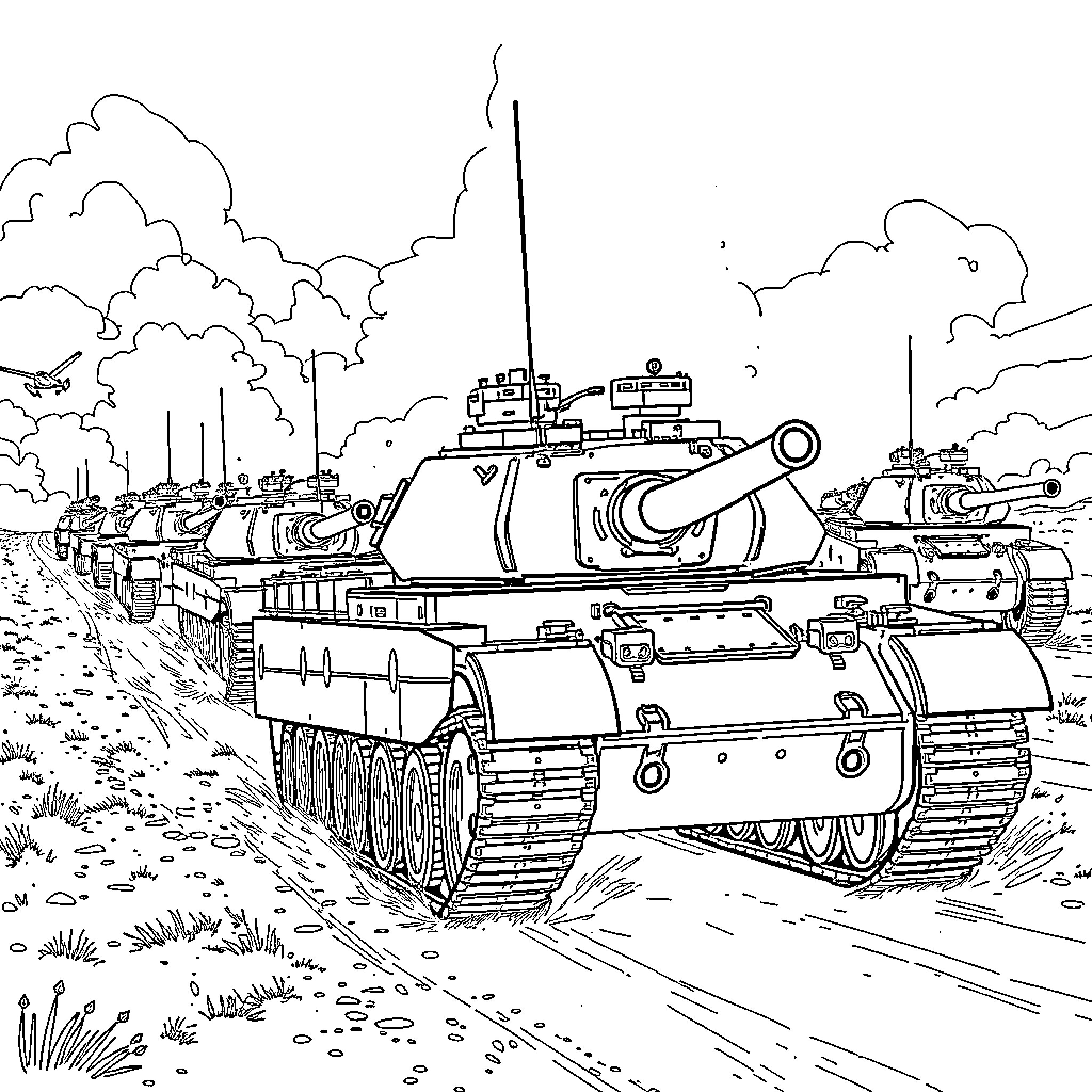 Tank battalion engaged in military maneuvers Coloring Page (free black-and-white line drawing printable PDF for all, from beginners to advanced learners, including children, teens, adults, and seniors)