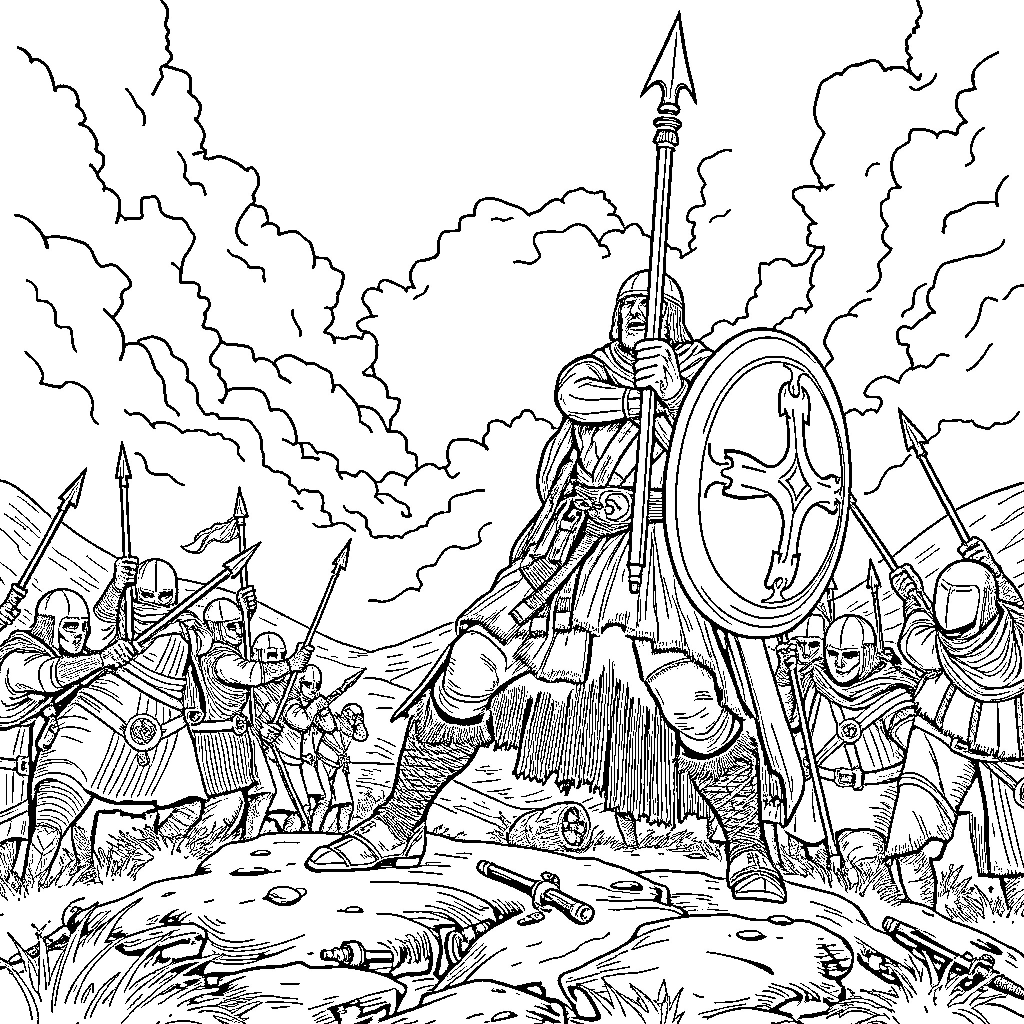 Cúchullain's Heroic Battle Amidst the Clouds Coloring Page (free black-and-white line drawing printable PDF for all, from beginners to advanced learners, including children, teens, adults, and seniors)