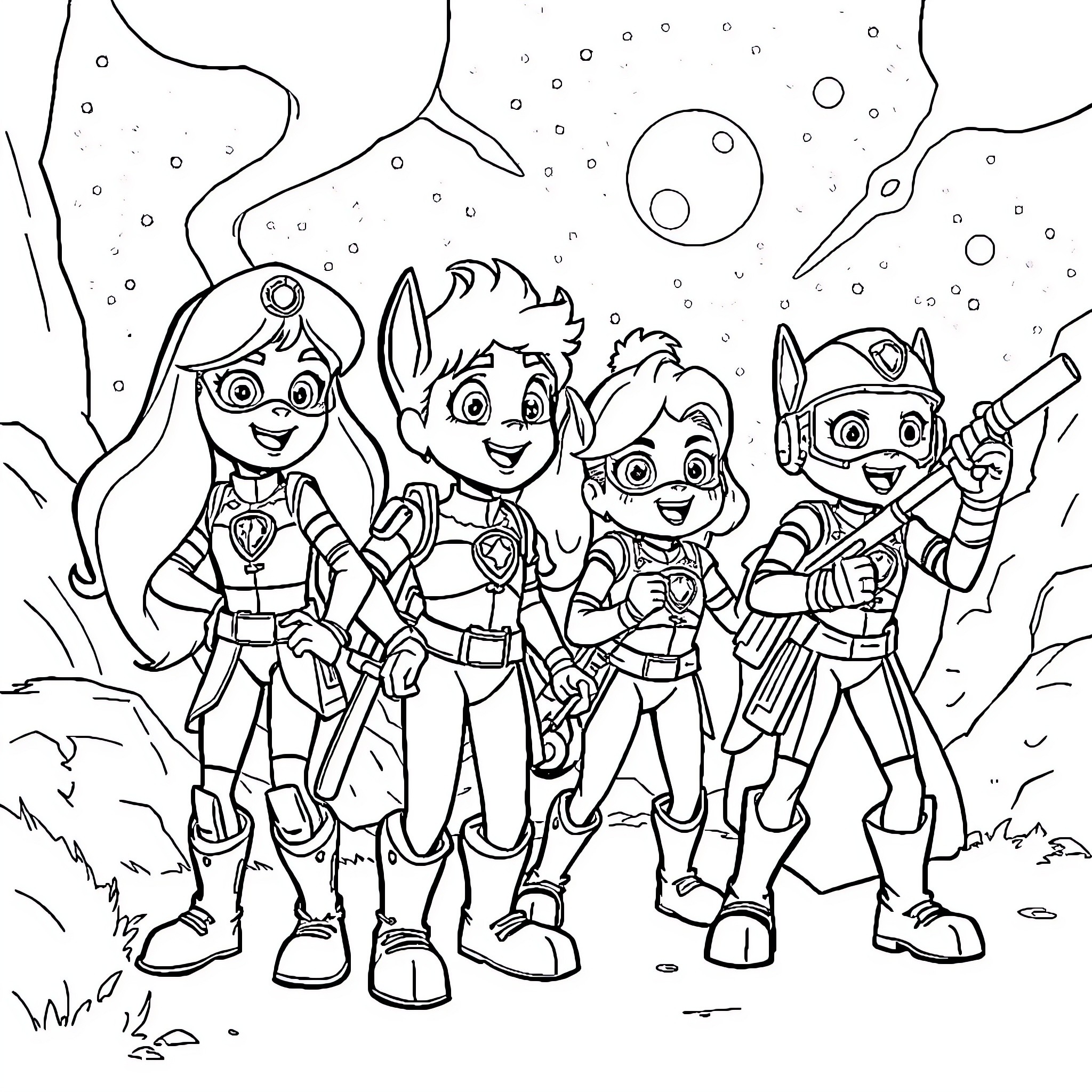 Paw Patrol Cadets Exploring the Cosmos Coloring Page (free black-and-white line drawing printable PDF for all, from beginners to advanced learners, including children, teens, adults, and seniors)