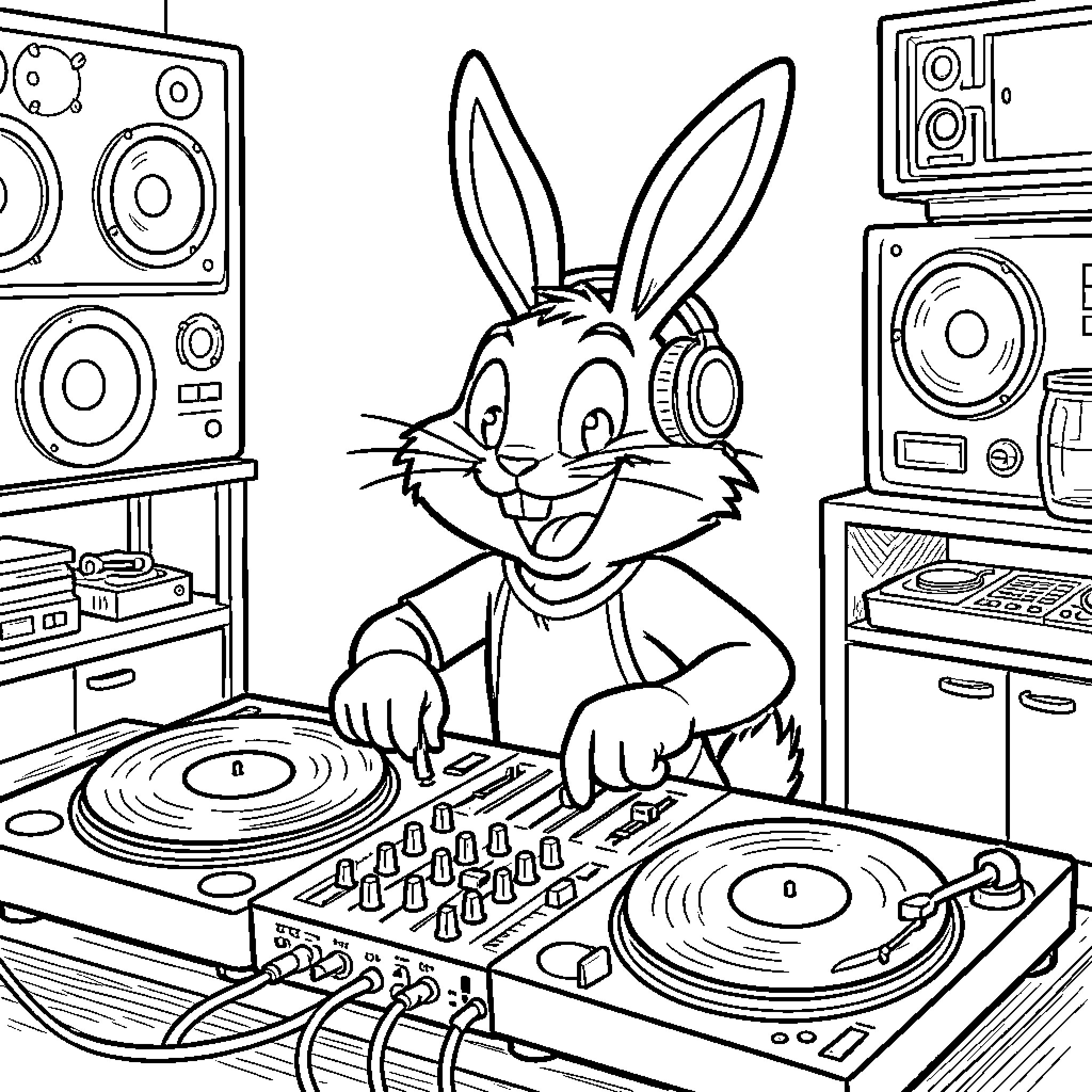 Bugs Bunny DJ mixing music with turntables Coloring Page (free black-and-white line drawing printable PDF for all, from beginners to advanced learners, including children, teens, adults, and seniors)