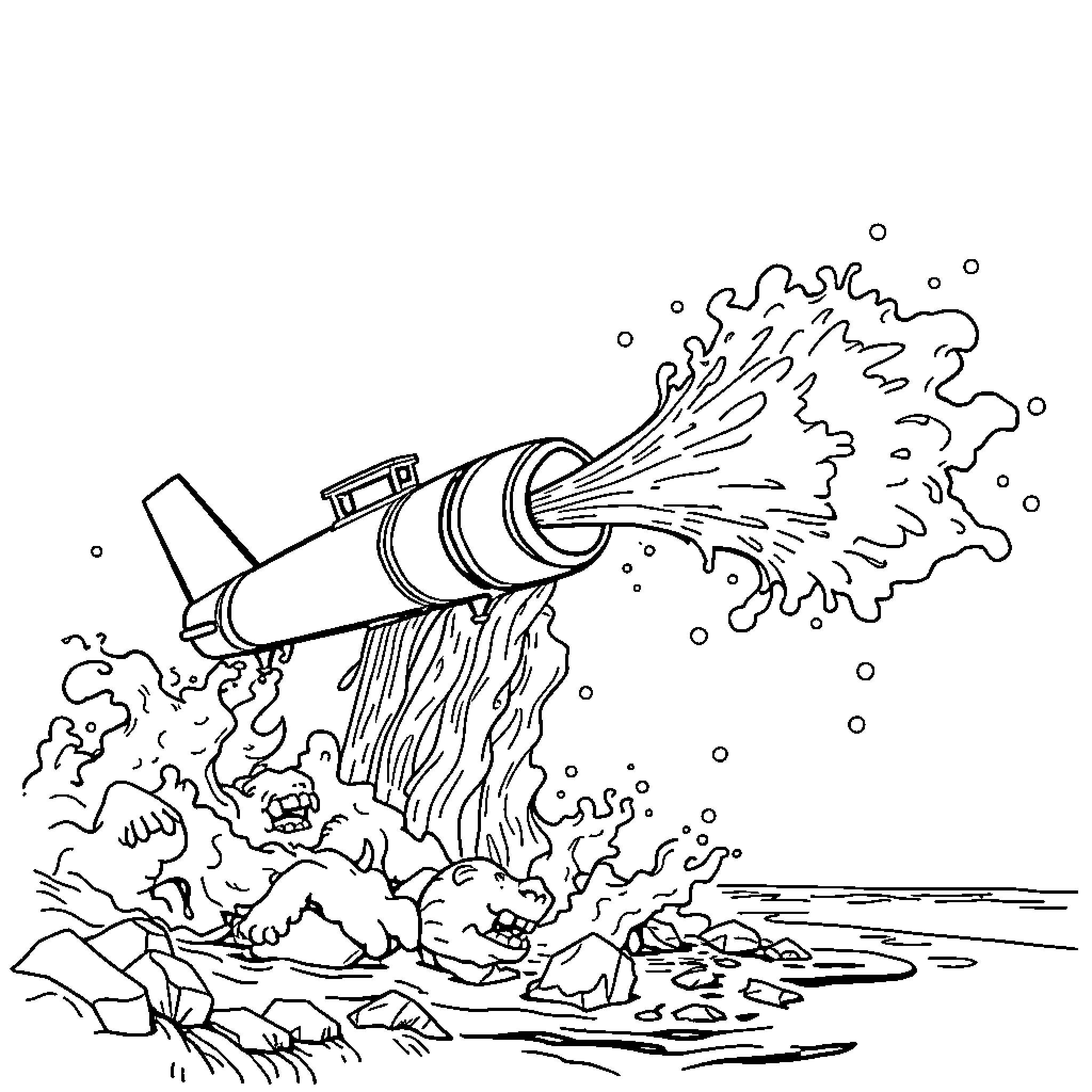 Fire Hose Spraying Water on Landscape Coloring Page (free black-and-white line drawing printable PDF for all, from beginners to advanced learners, including children, teens, adults, and seniors)