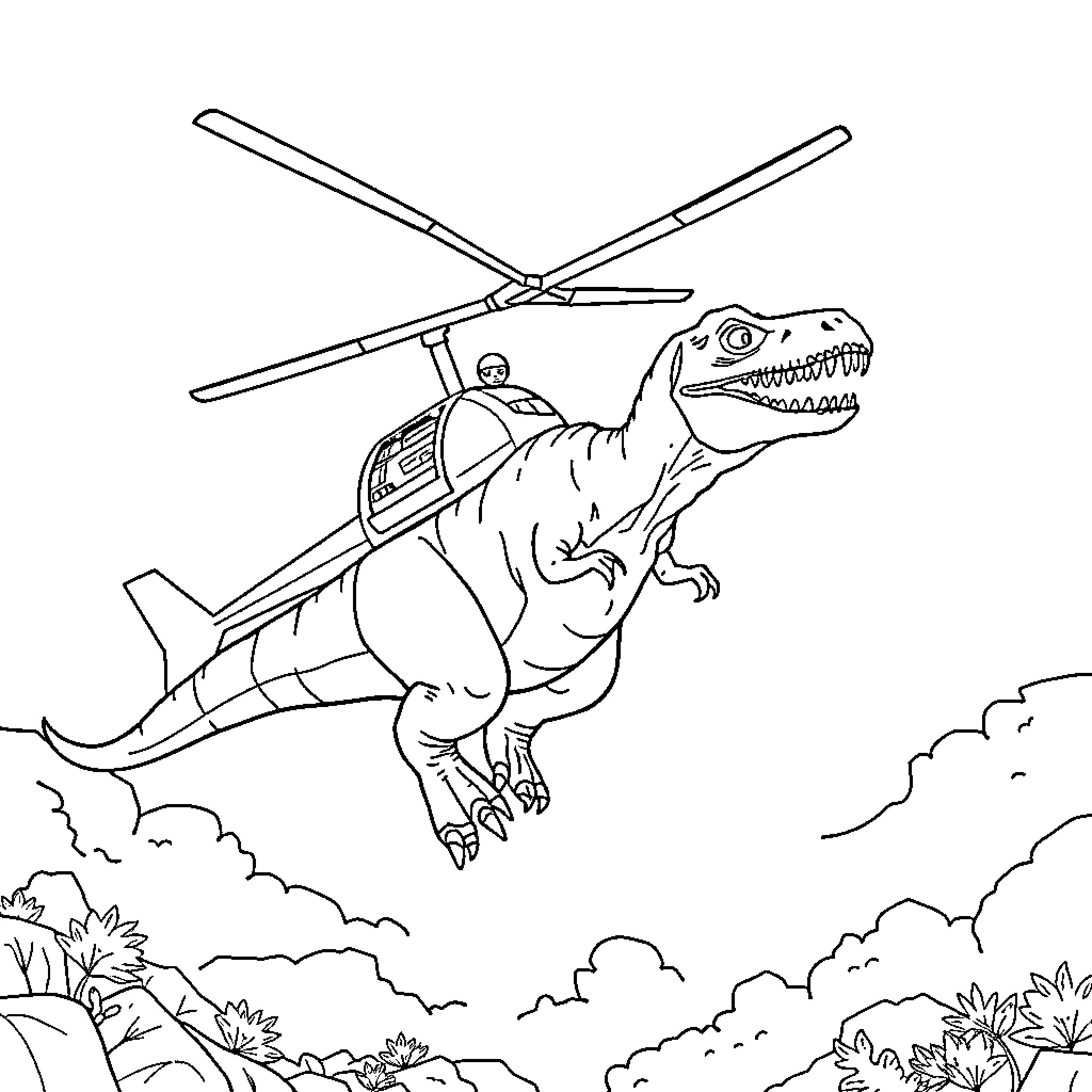 Dinosaur riding a helicopter in the sky Coloring Page (free black-and-white line drawing printable PDF for all, from beginners to advanced learners, including children, teens, adults, and seniors)