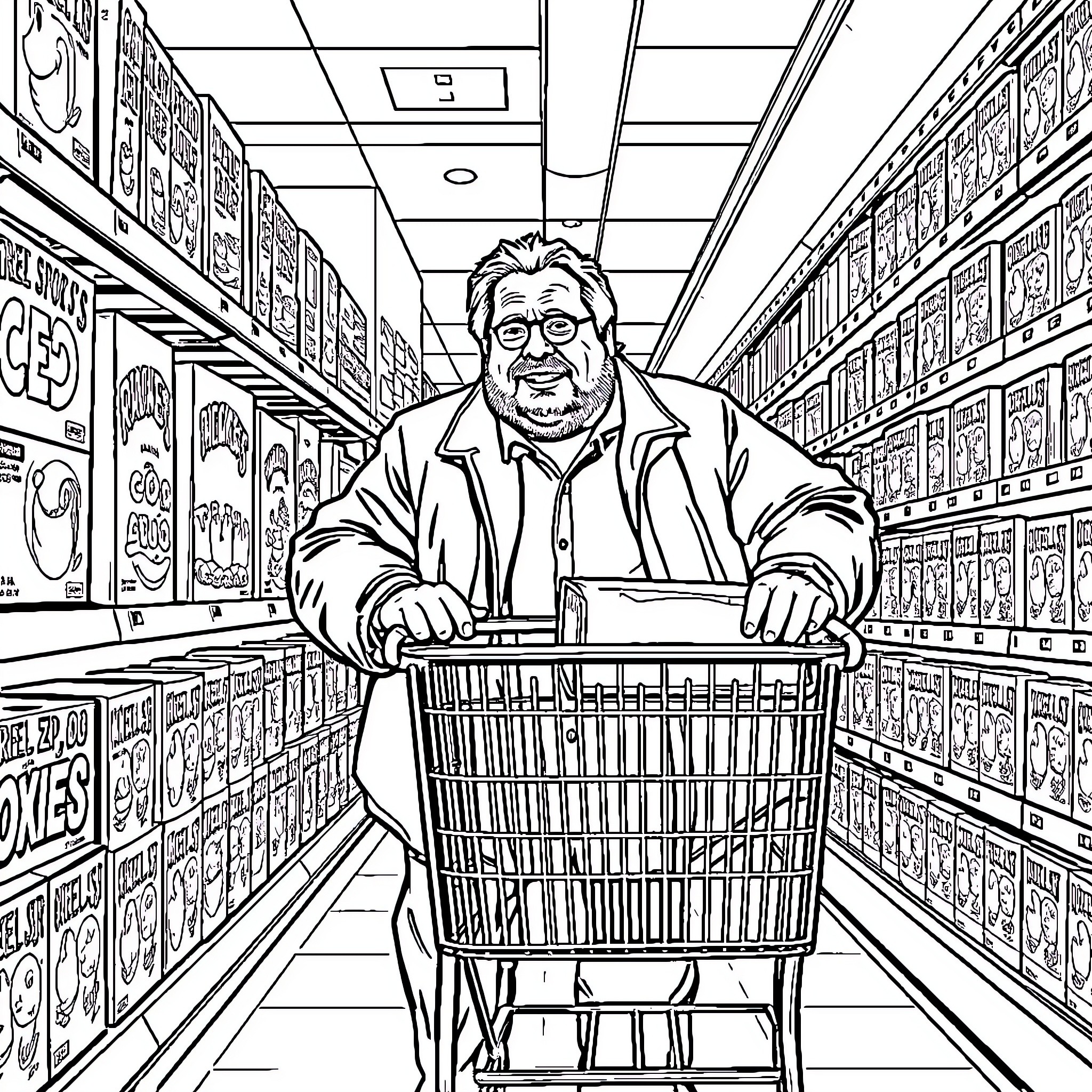 Danny DeVito shopping in a comically cluttered convenience store Coloring Page (free black-and-white line drawing printable PDF for all, from beginners to advanced learners, including children, teens, adults, and seniors)