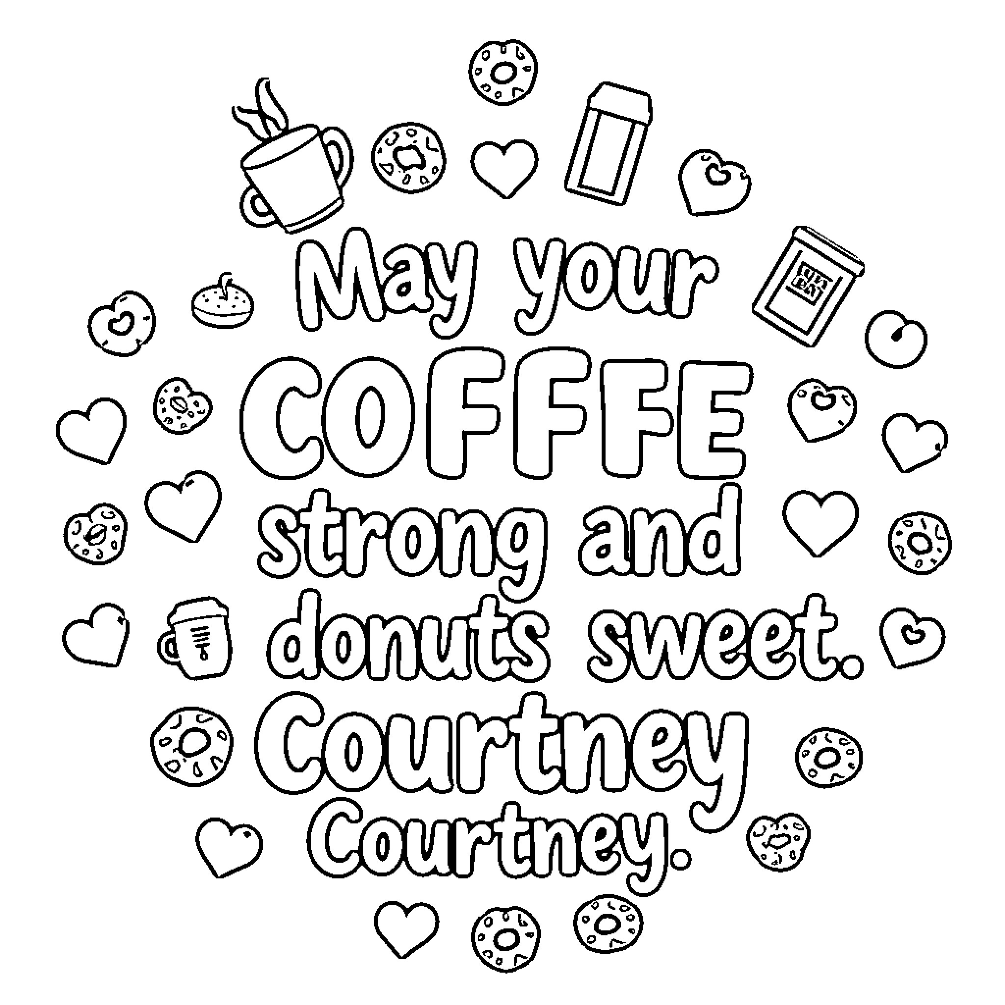 Donut coffee time with hearts and doodles Coloring Page (free black-and-white line drawing printable PDF for all, from beginners to advanced learners, including children, teens, adults, and seniors)