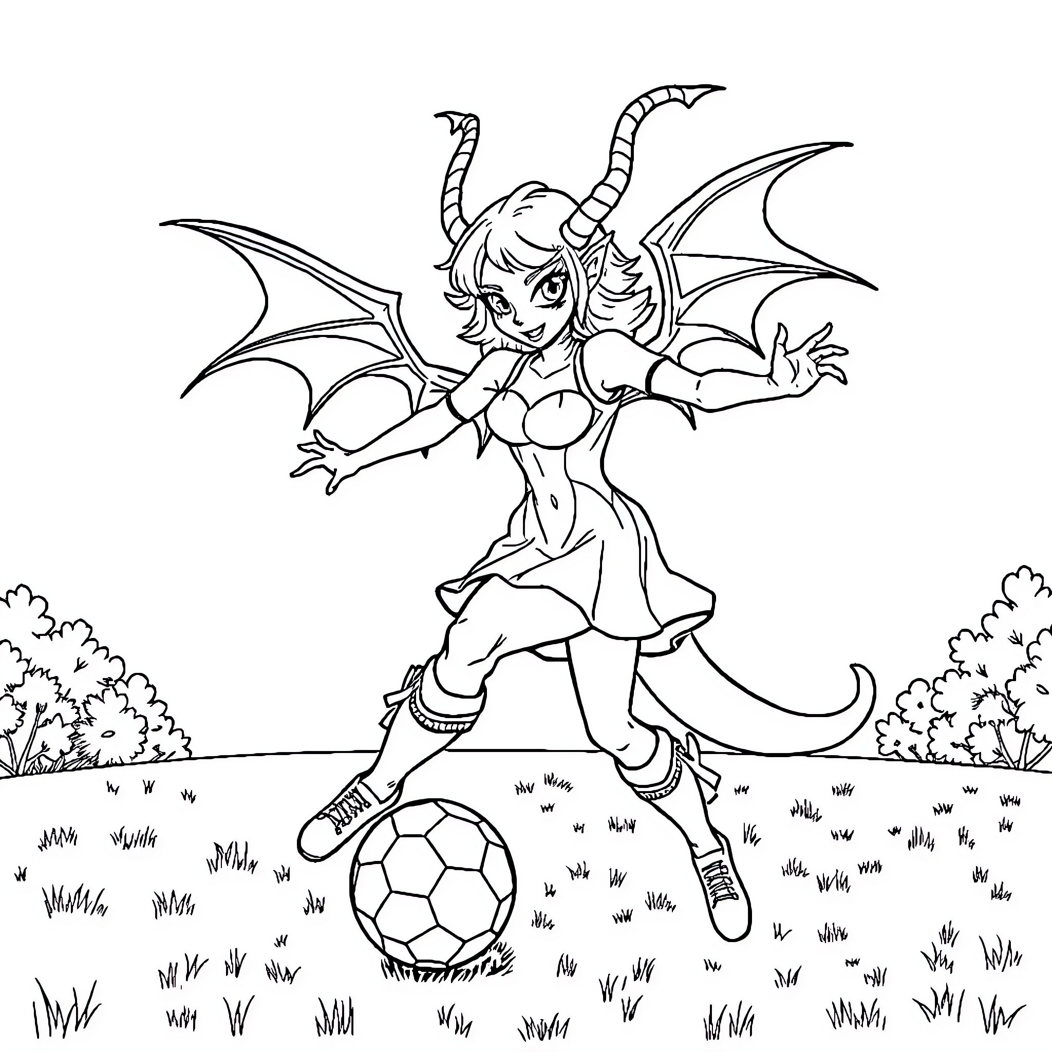 Vampyrina playing soccer in a magical field Coloring Page (free black-and-white line drawing printable PDF for all, from beginners to advanced learners, including children, teens, adults, and seniors)