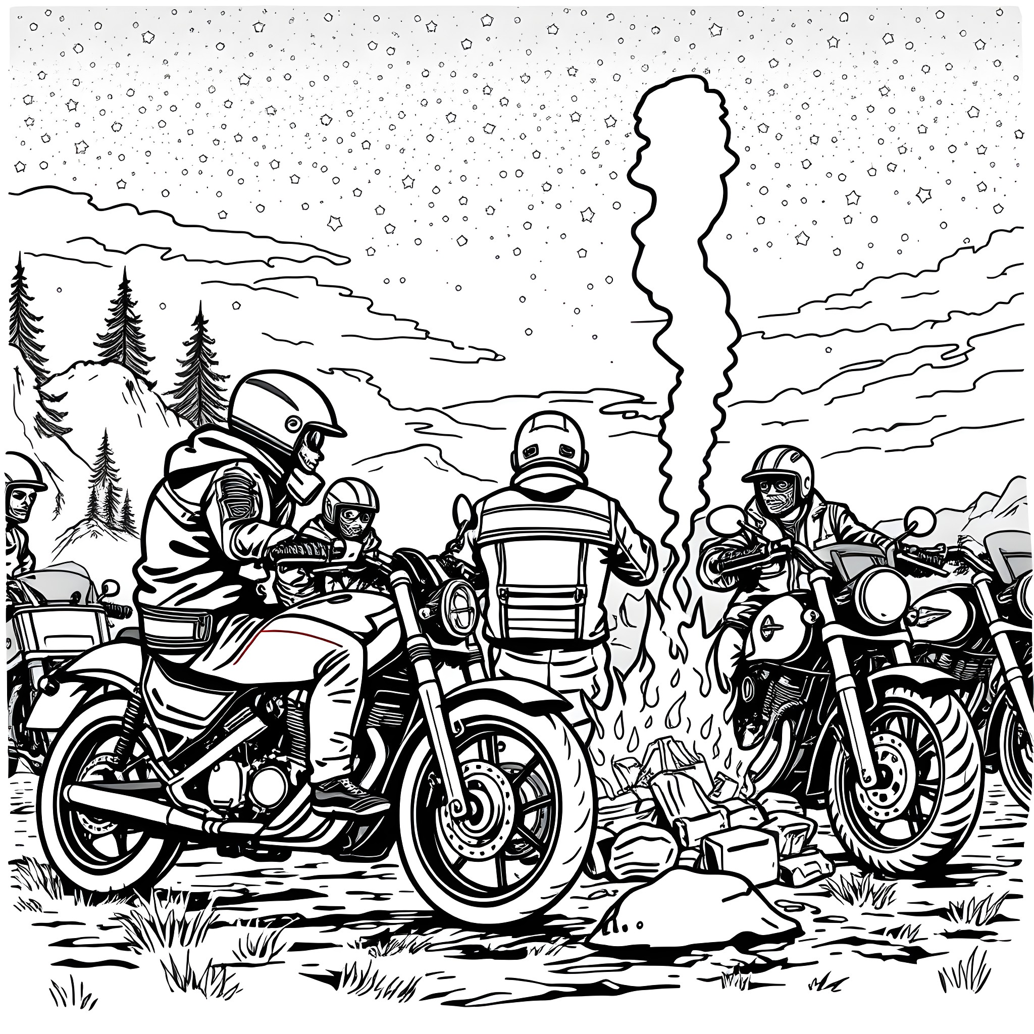 Motorcycle Riders Exploring Snowy Wilderness Coloring Page (free black-and-white line drawing printable PDF for all, from beginners to advanced learners, including children, teens, adults, and seniors)