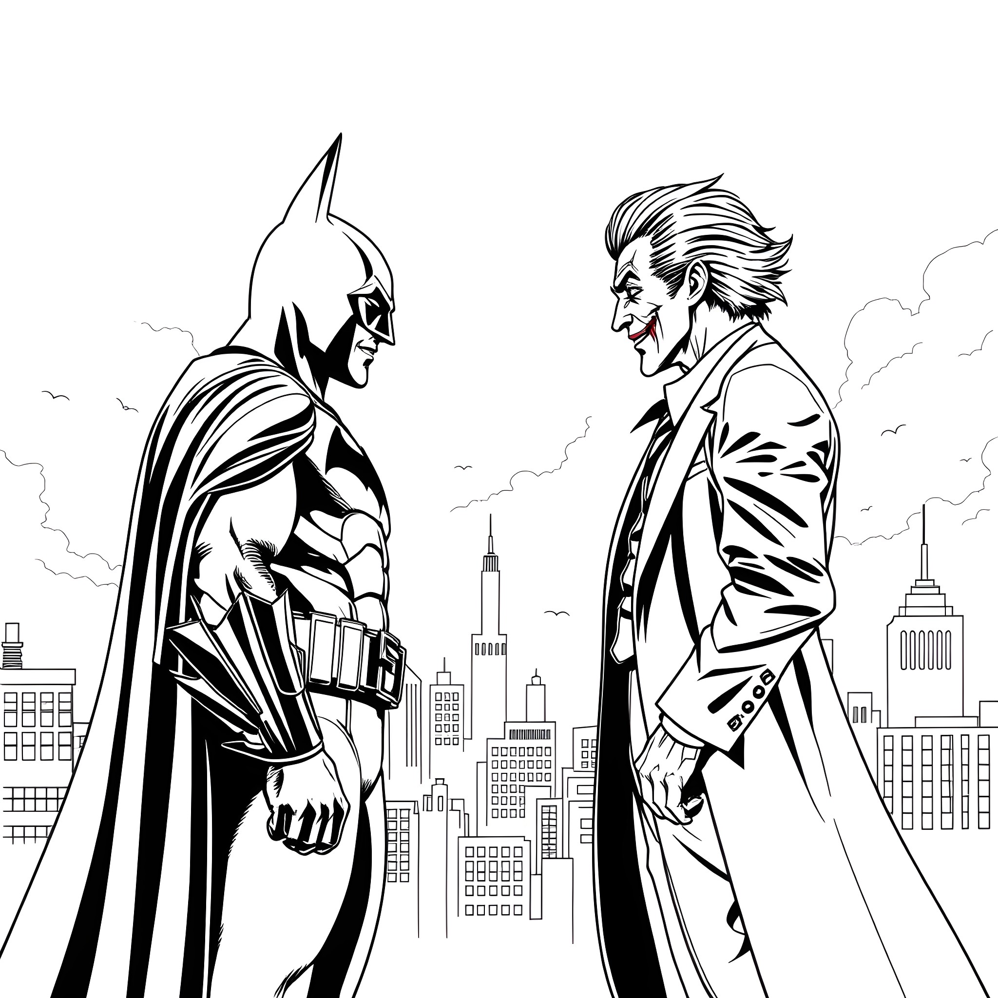 Batman confronting the Joker in the city Coloring Page (free black-and-white line drawing printable PDF for all, from beginners to advanced learners, including children, teens, adults, and seniors)
