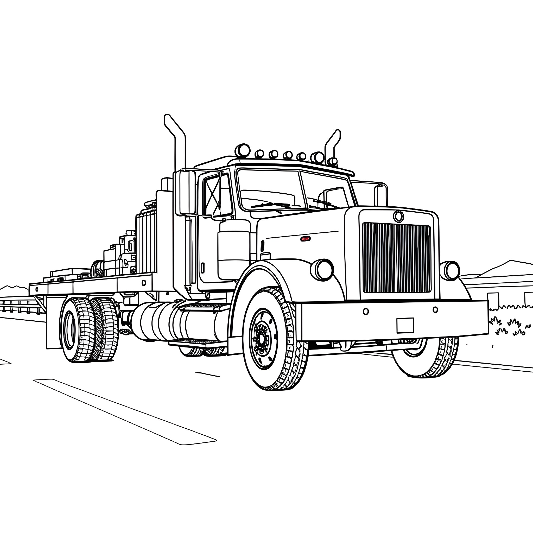 Flatbed truck on a rural road Coloring Page (free black-and-white line drawing printable PDF for all, from beginners to advanced learners, including children, teens, adults, and seniors)