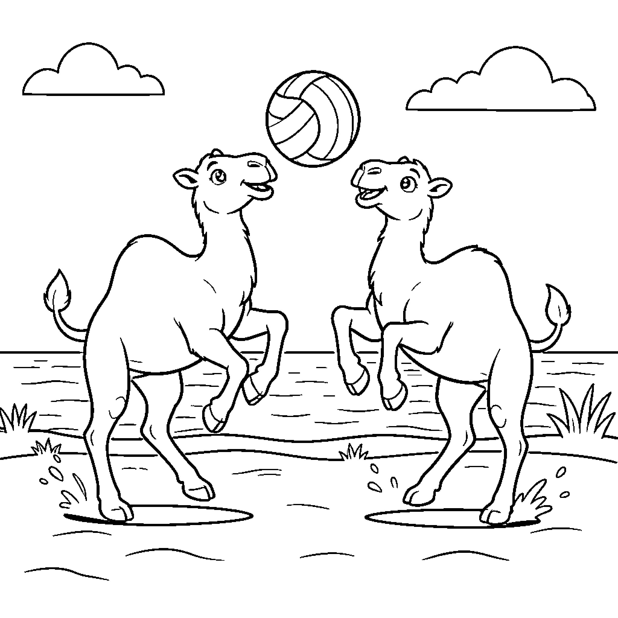 Camel duo playing volleyball on the beach Coloring Page (free black-and-white line drawing printable PDF for all, from beginners to advanced learners, including children, teens, adults, and seniors)