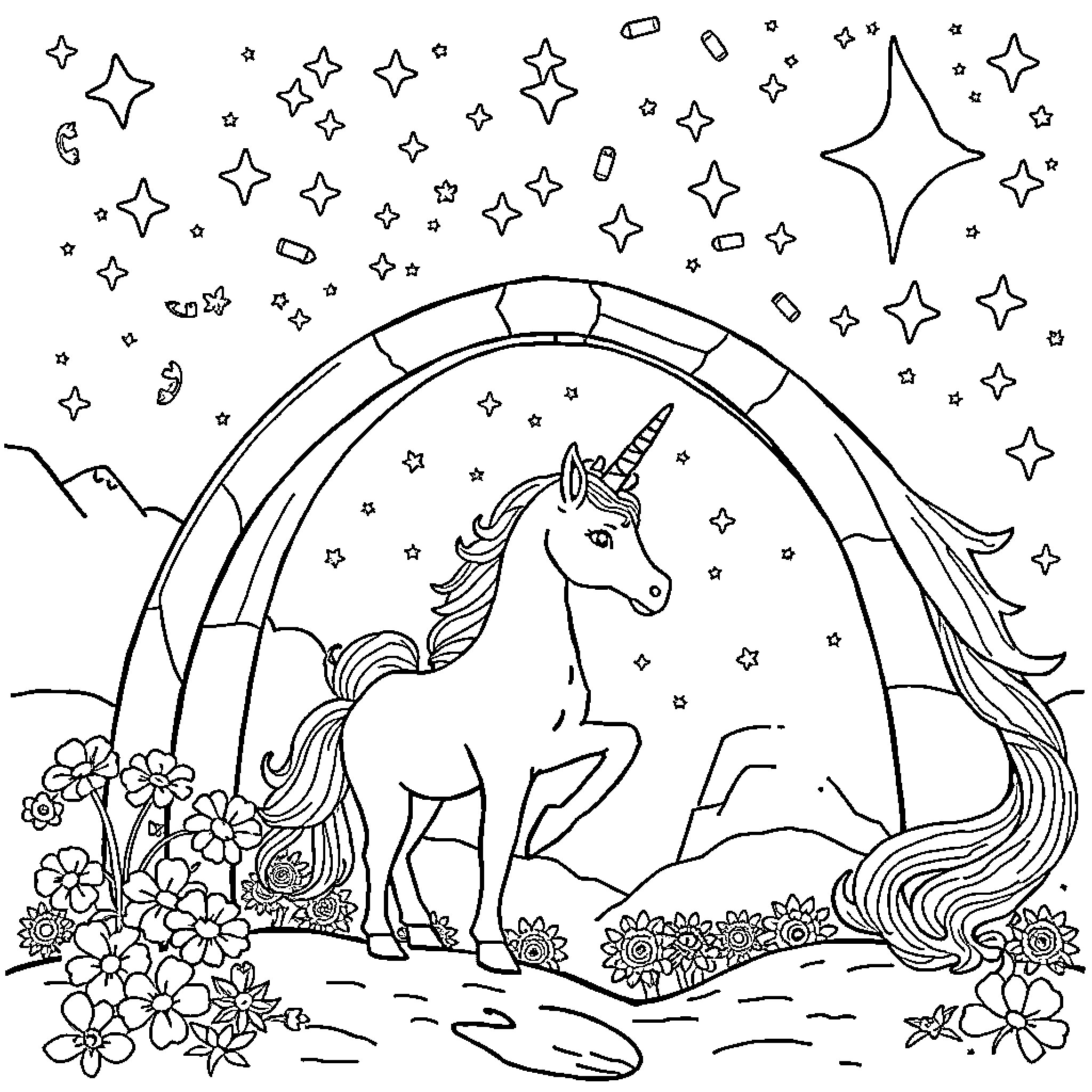 Unicorn standing among flowers and stars Coloring Page (free black-and-white line drawing printable PDF for all, from beginners to advanced learners, including children, teens, adults, and seniors)