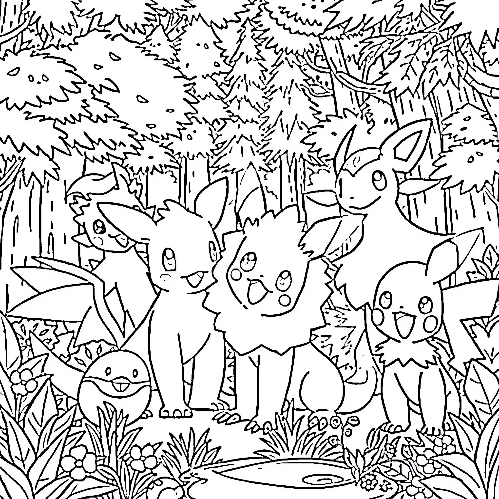 Pokémon Adventure in the Enchanted Forest Coloring Page (free black-and-white line drawing printable PDF for all, from beginners to advanced learners, including children, teens, adults, and seniors)