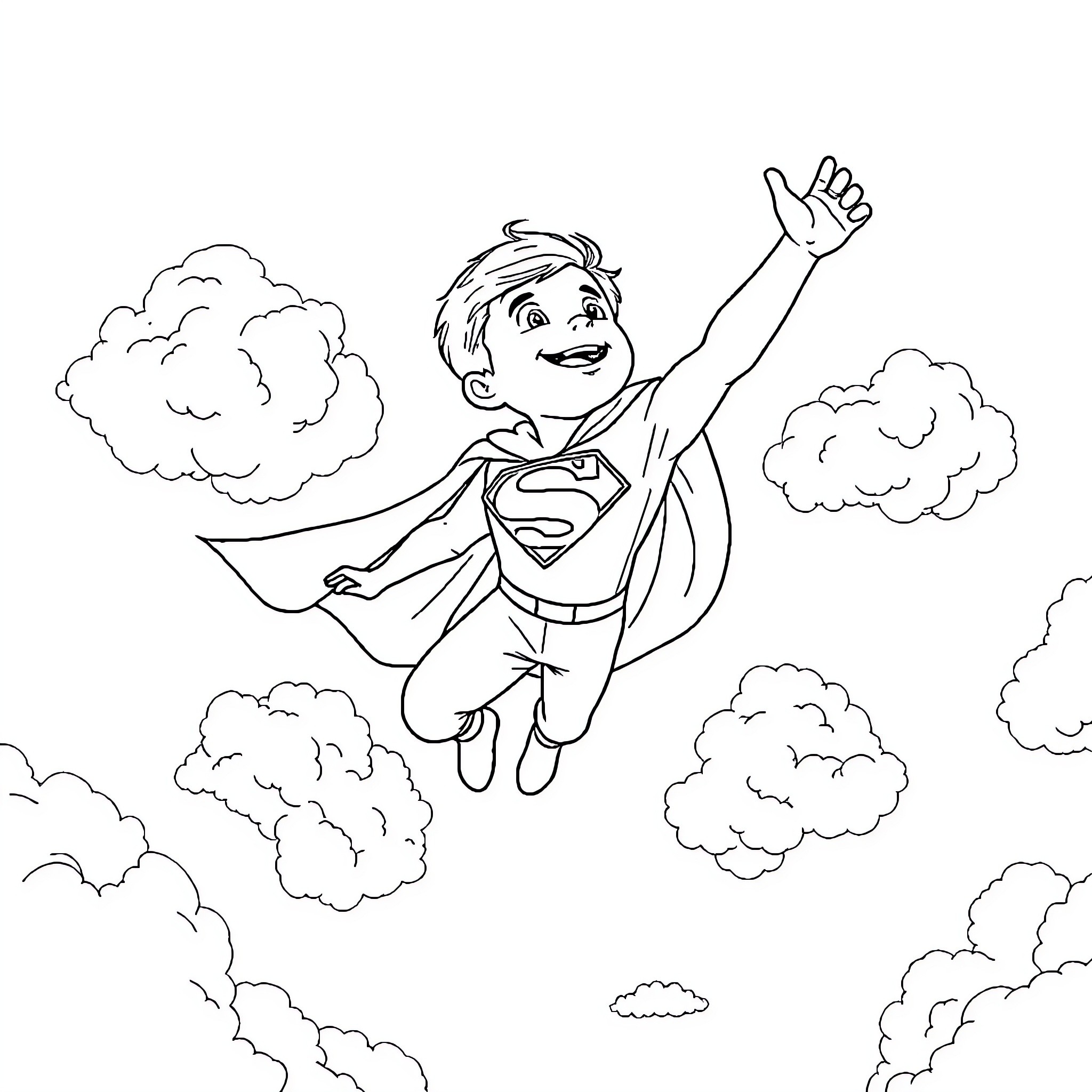 Superman soaring through the clouds with enthusiasm Coloring Page (free black-and-white line drawing printable PDF for all, from beginners to advanced learners, including children, teens, adults, and seniors)