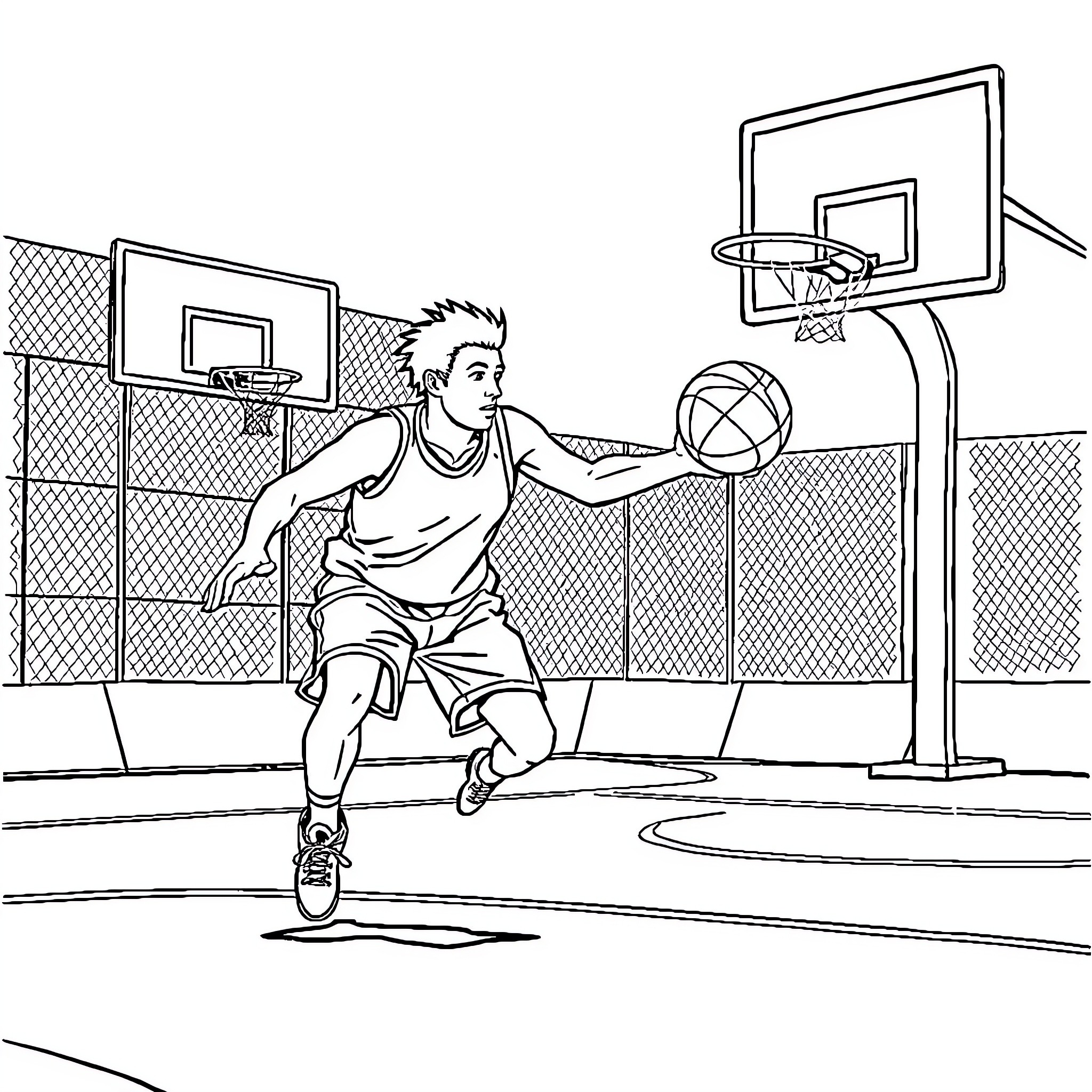 Salamander Shooting Hoops on the Court Coloring Page (free black-and-white line drawing printable PDF for all, from beginners to advanced learners, including children, teens, adults, and seniors)