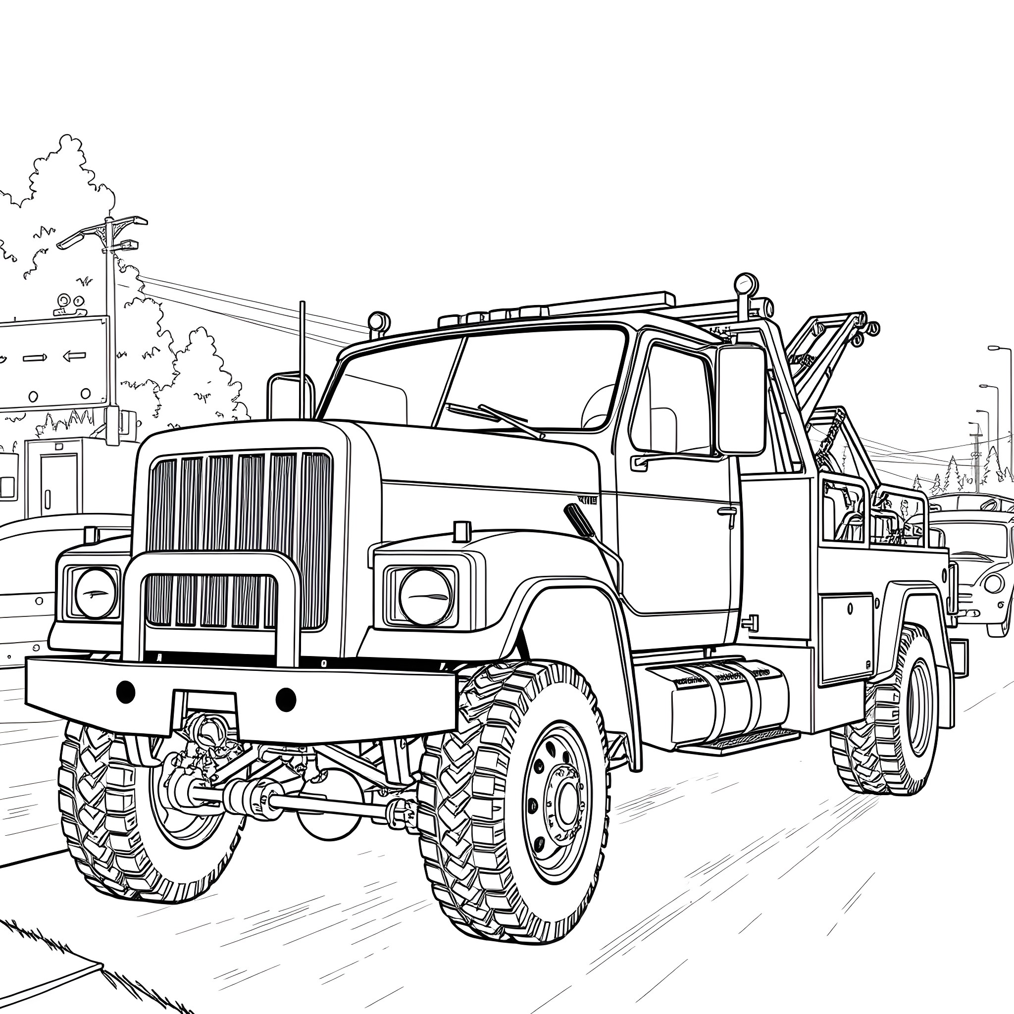 Truck loading construction equipment on a jobsite Coloring Page (free black-and-white line drawing printable PDF for all, from beginners to advanced learners, including children, teens, adults, and seniors)